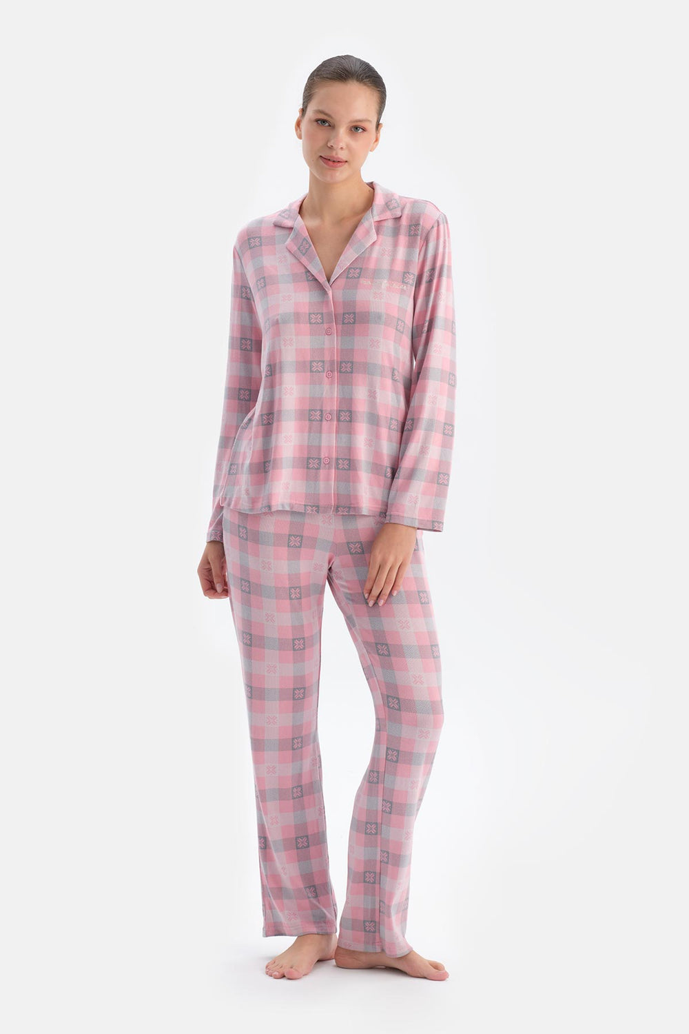 Soft Pink PLAID THERMAL SHIRT TROUSERS PAJAMA SET