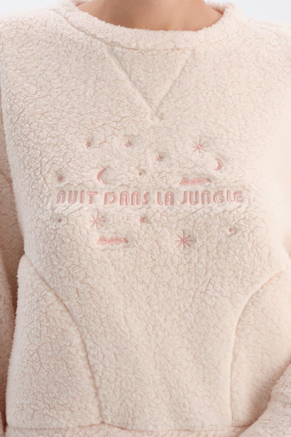 Ecru EMBROIDERED FLEECE SWEATSHIRT AND TROUSERS PAJAMA SET