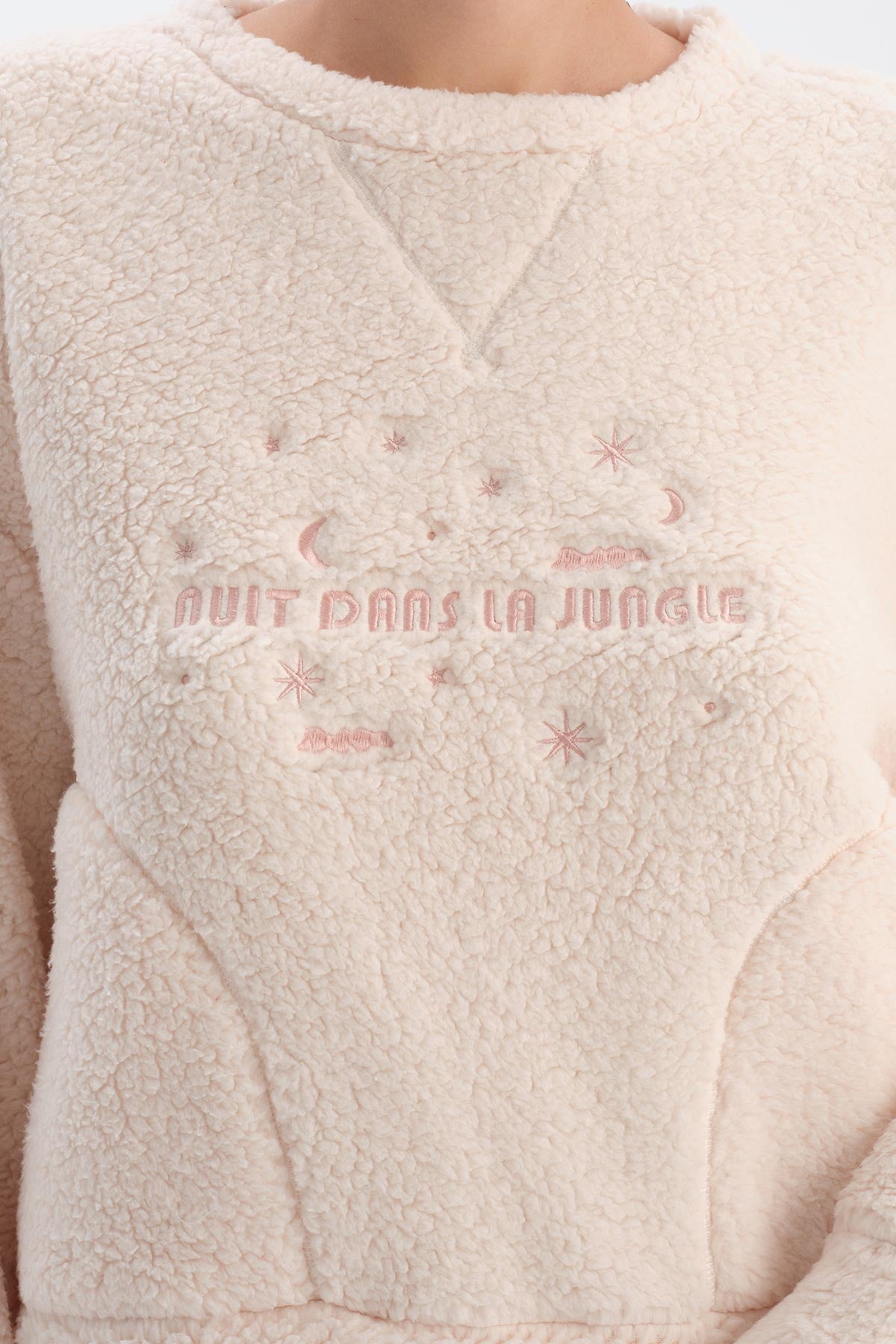 Ecru EMBROIDERED FLEECE SWEATSHIRT AND TROUSERS PAJAMA SET