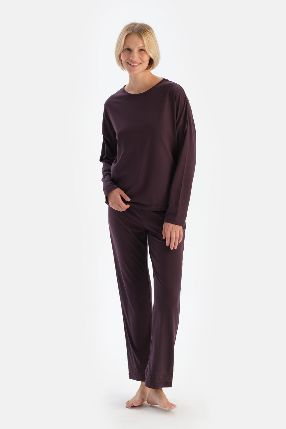 Damson BOAT NECK LACE DETAILED COMBED MODAL PAJAMA SET