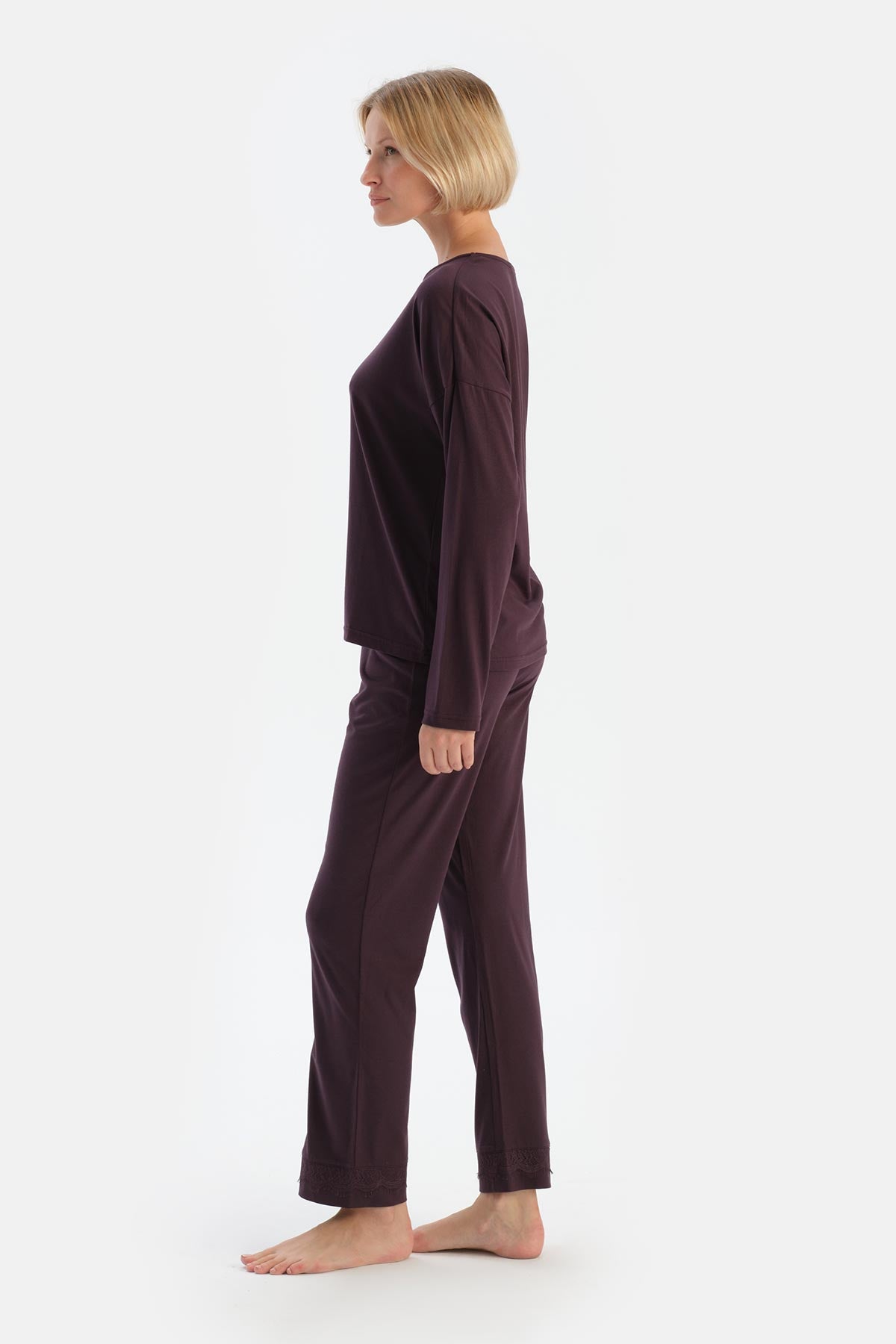 Damson BOAT NECK LACE DETAILED COMBED MODAL PAJAMA SET