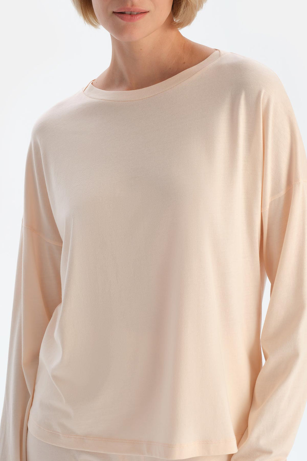 Pudra Kayık Yaka Dantel Detaylı Penye Modal Pijama Takımı