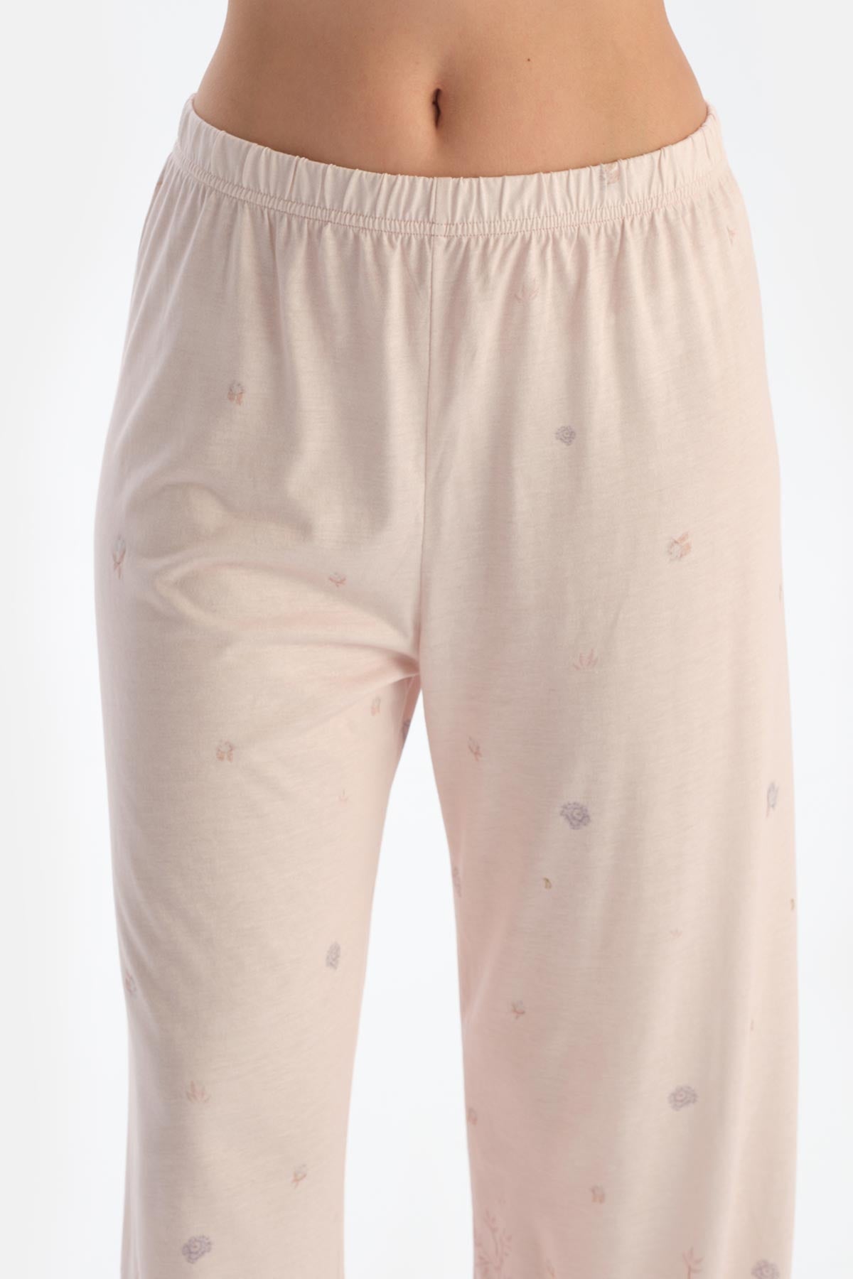 Açık Pembe Çiçek Desenli Penye Modal Pijama Takımı