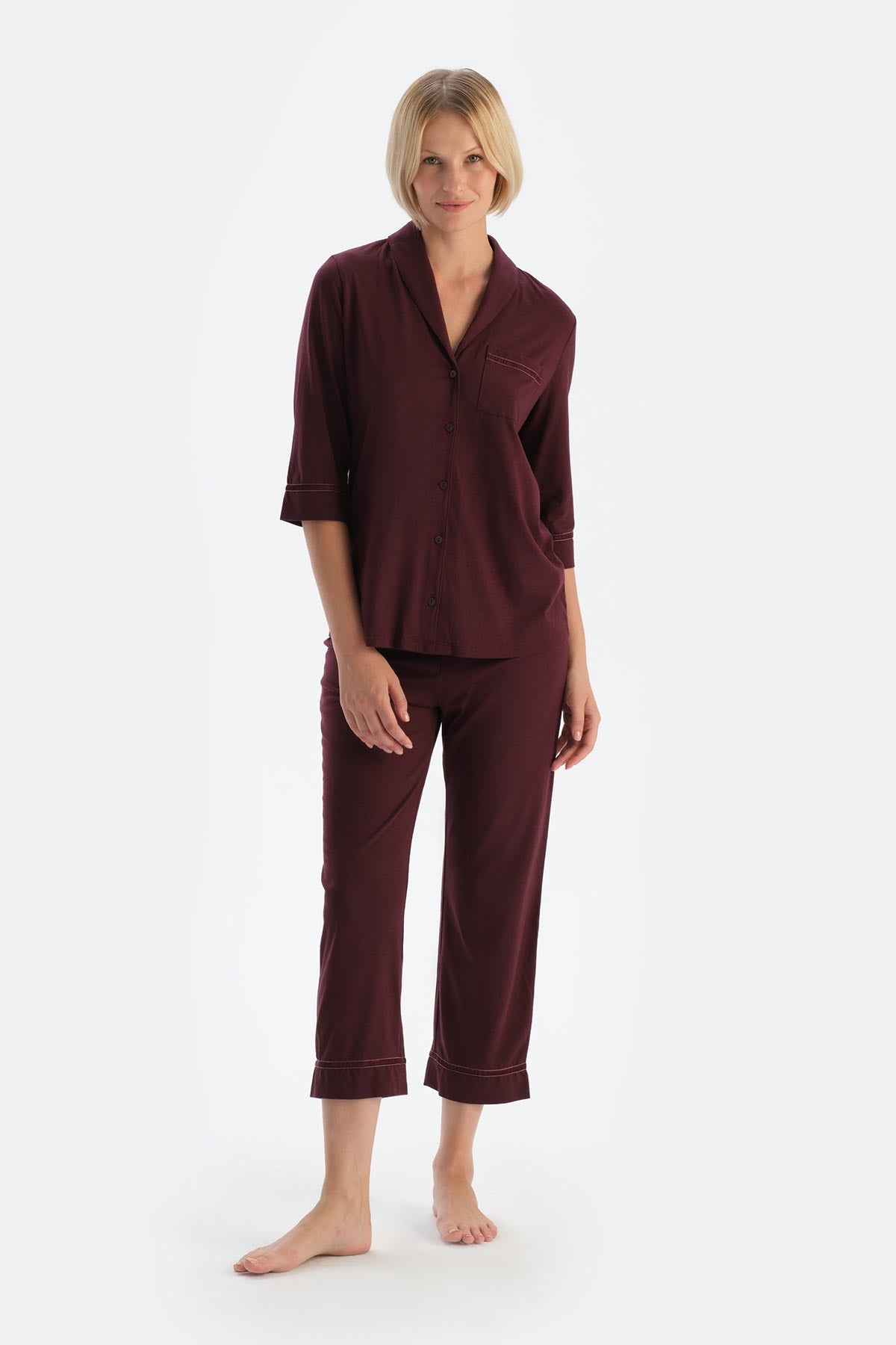 Bordo Biye Detaylı Cepli Penye Modal Pijama Takımı