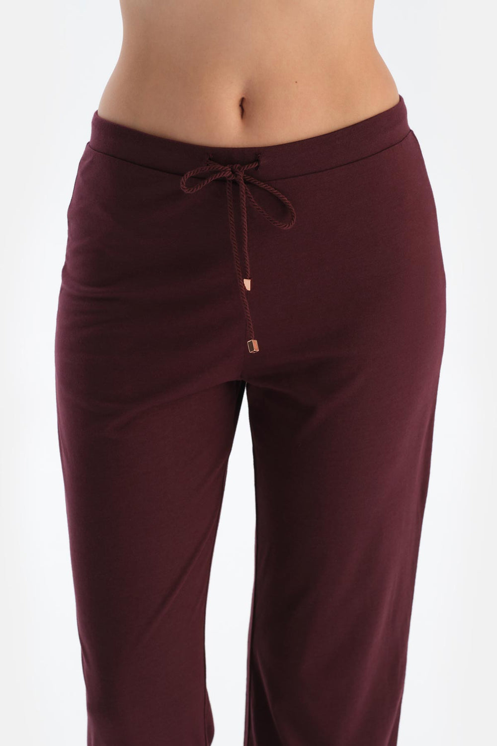 Bordo Biye Detaylı Cepli Penye Modal Pijama Takımı