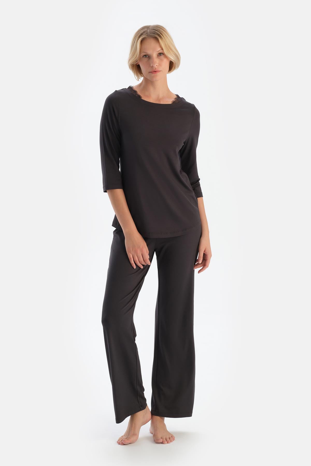 Anthracite BOAT NECK LACE DETAILED PAJAMA SET