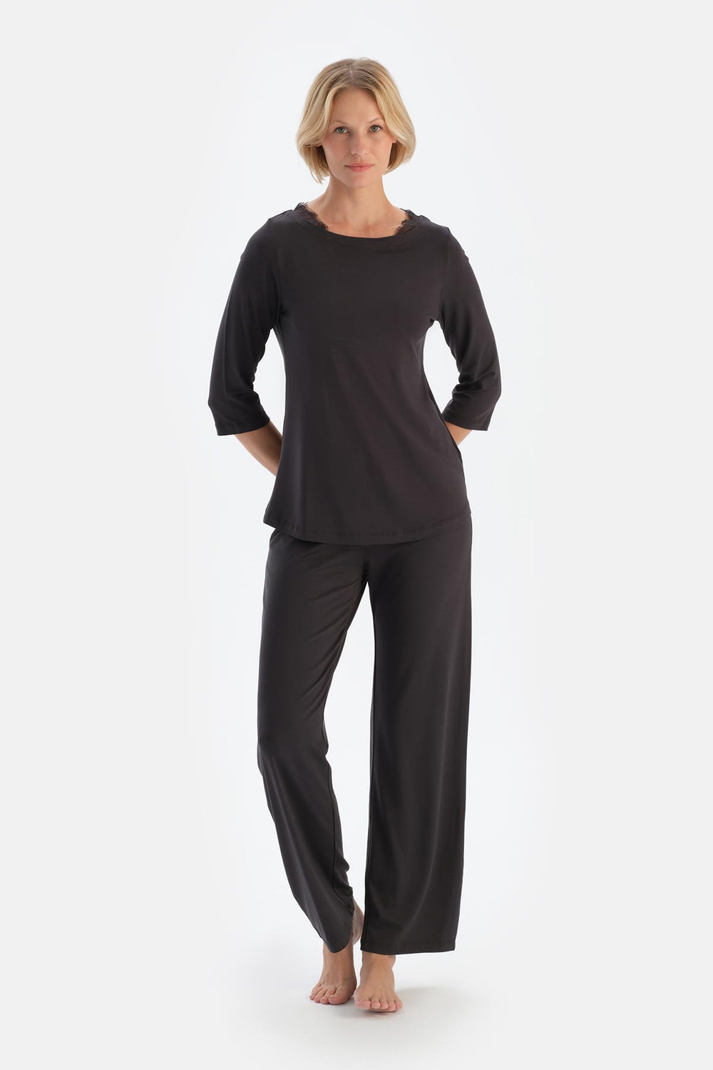 Anthracite BOAT NECK LACE DETAILED PAJAMA SET