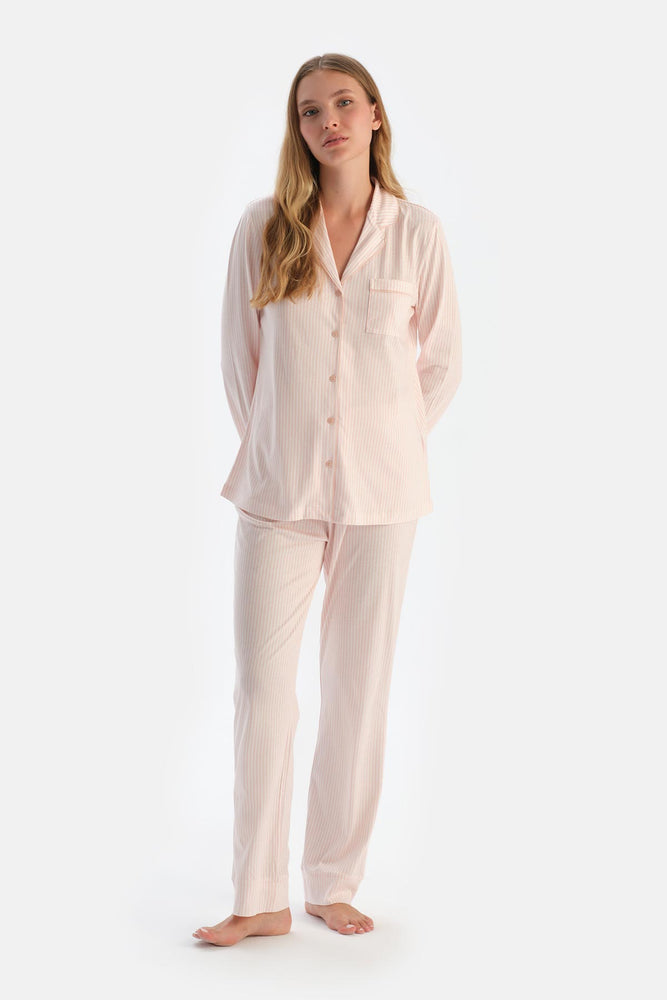 Light Pink STRIPED COMBED MODAL SHIRT TROUSERS PAJAMA SET