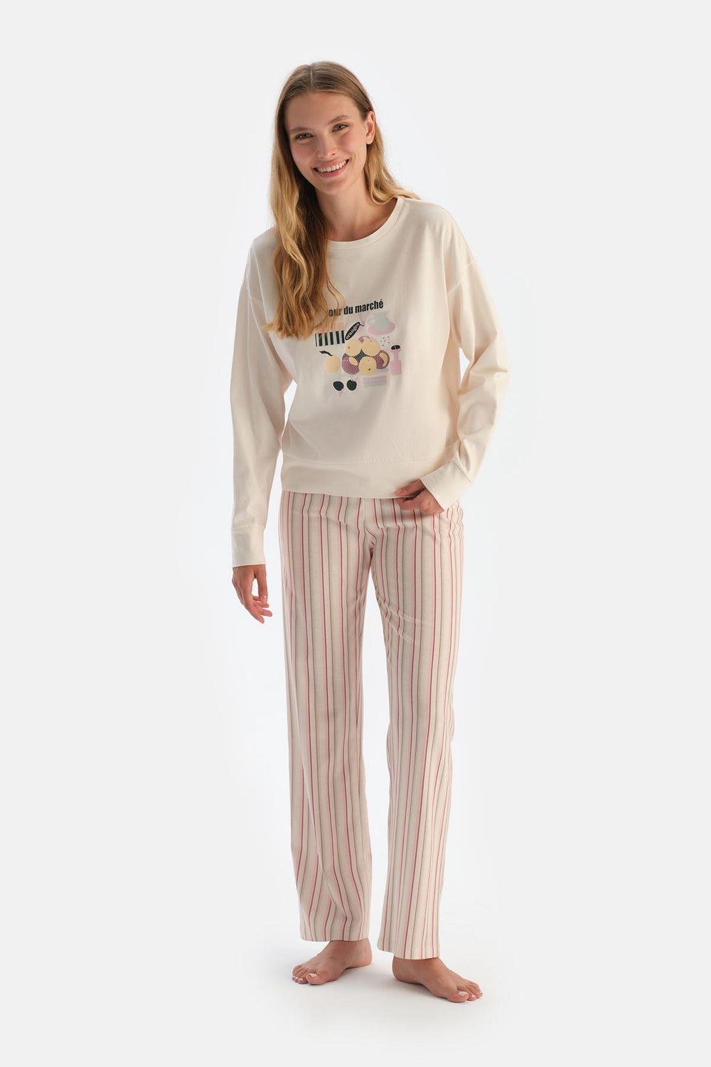 Ecru PRINT DETAIL LONG SLEEVE T-SHIRT TROUSERS PAJAMA SET