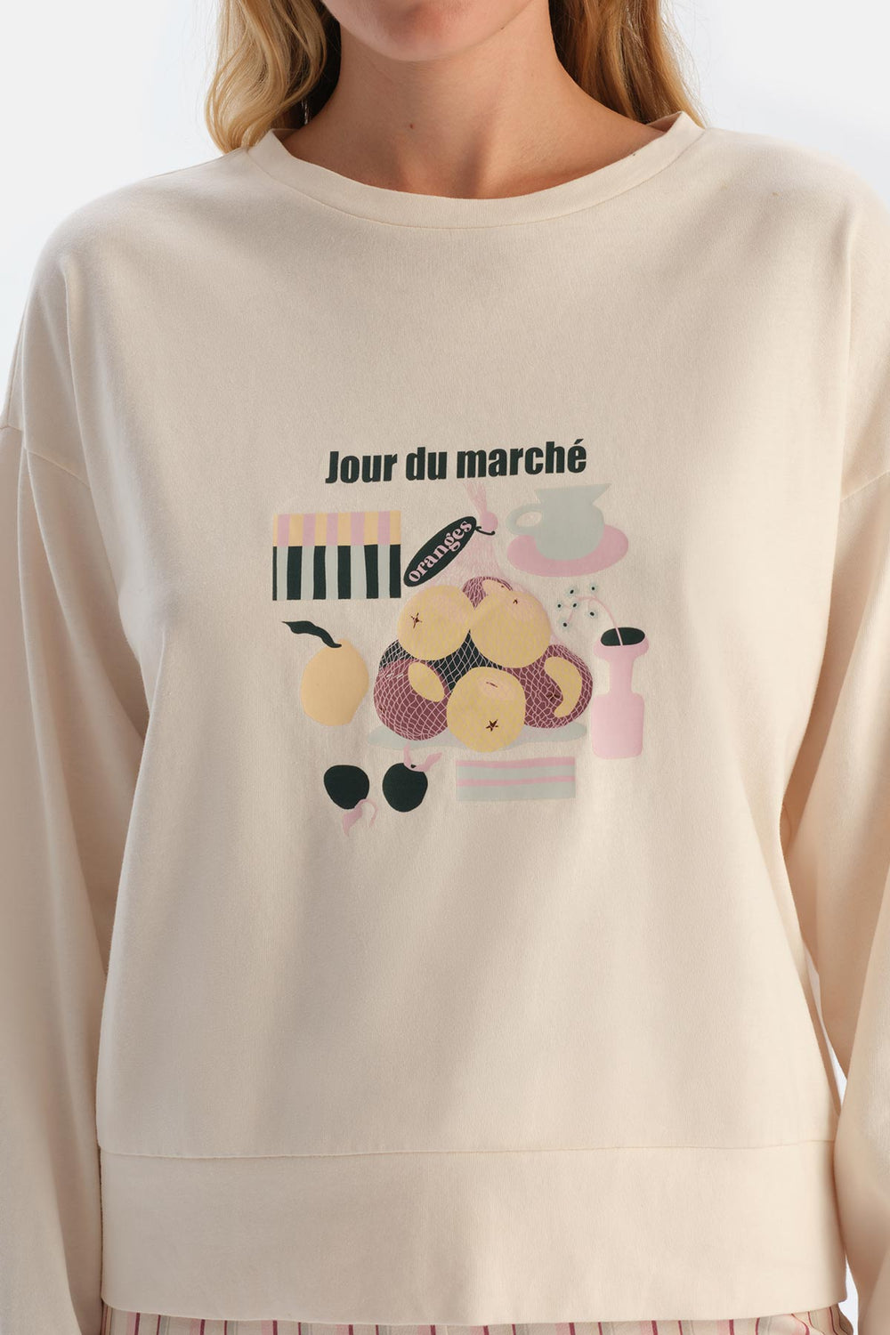 Ecru PRINT DETAIL LONG SLEEVE T-SHIRT TROUSERS PAJAMA SET