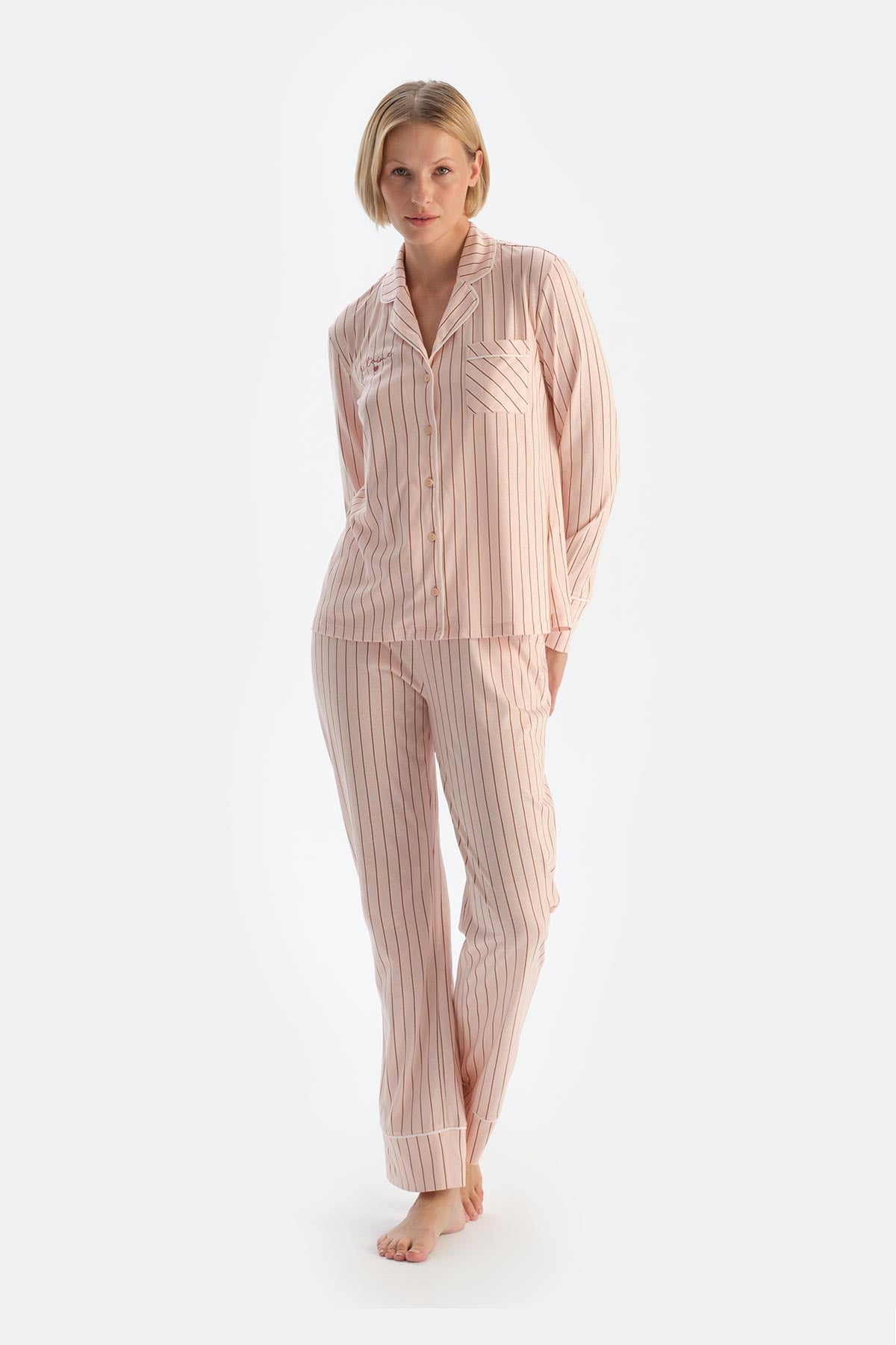 Light Pink STRIPED COMBED MODAL SHIRT TROUSERS PAJAMA SET
