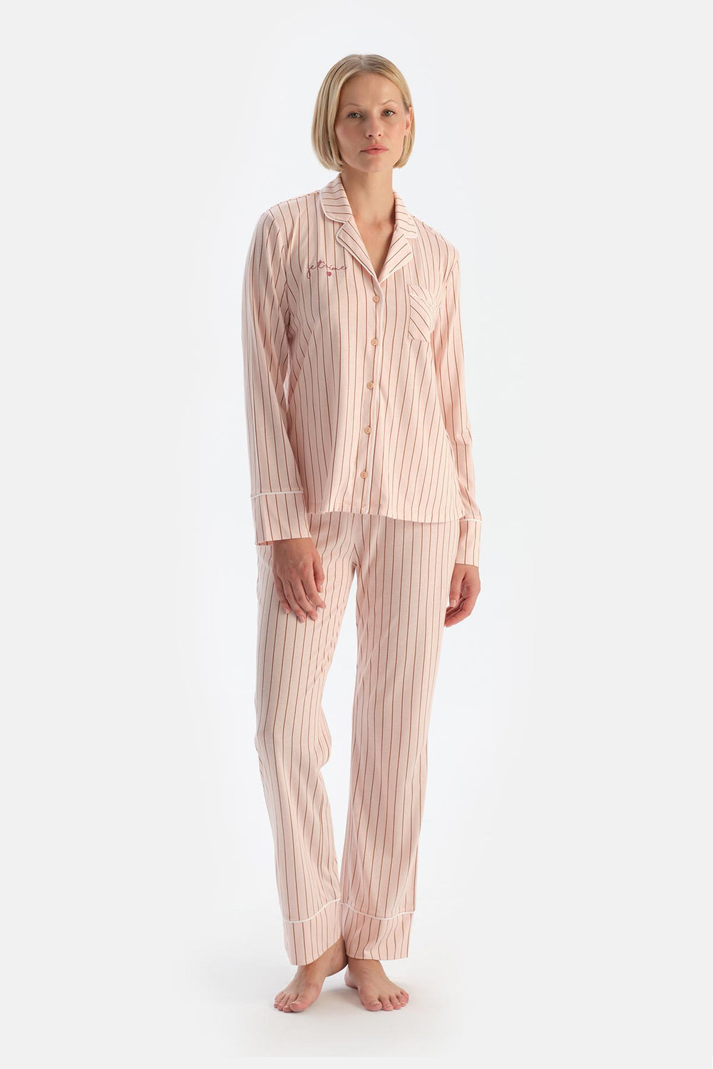 Light Pink STRIPED COMBED MODAL SHIRT TROUSERS PAJAMA SET