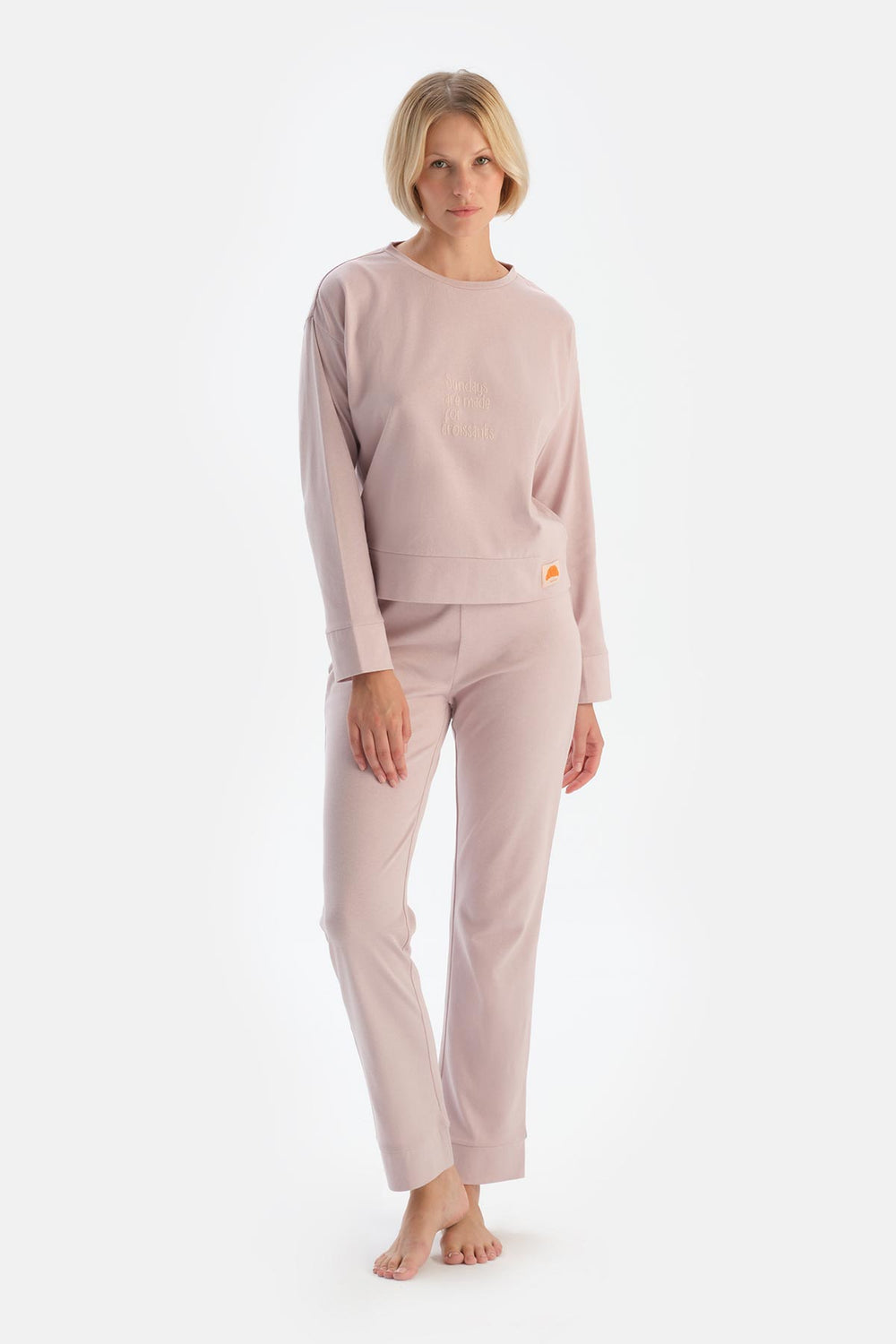 Lila Slogan Baskı Detaylı Uzun Kol Pamuklu Pijama Takımı