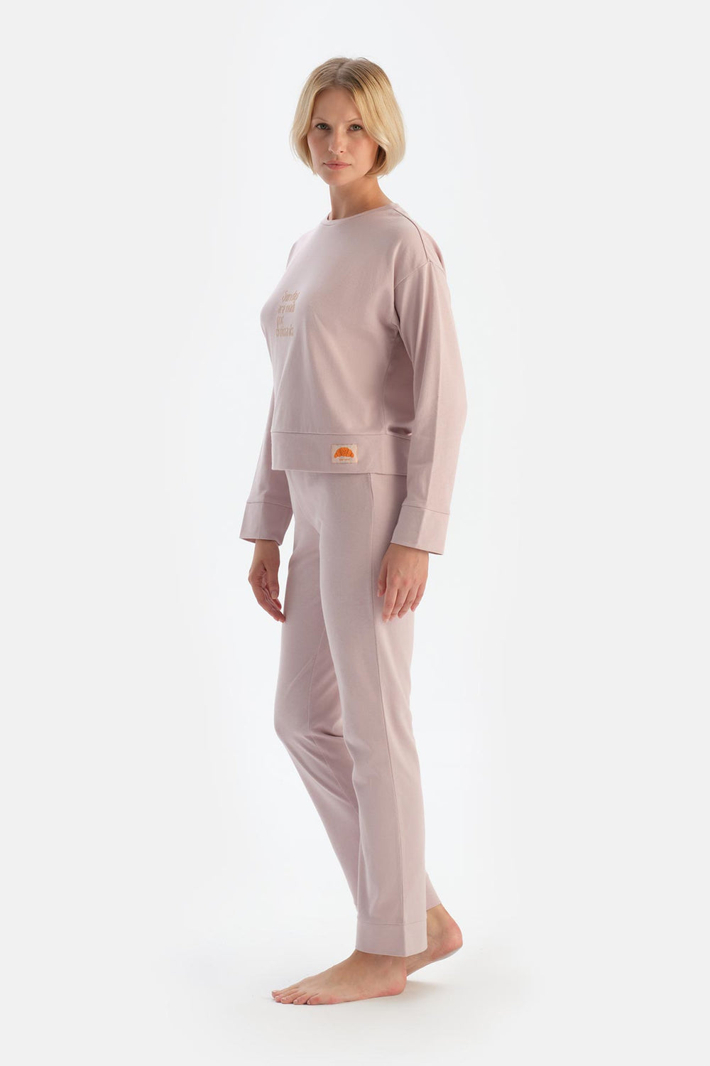 Lila Slogan Baskı Detaylı Uzun Kol Pamuklu Pijama Takımı