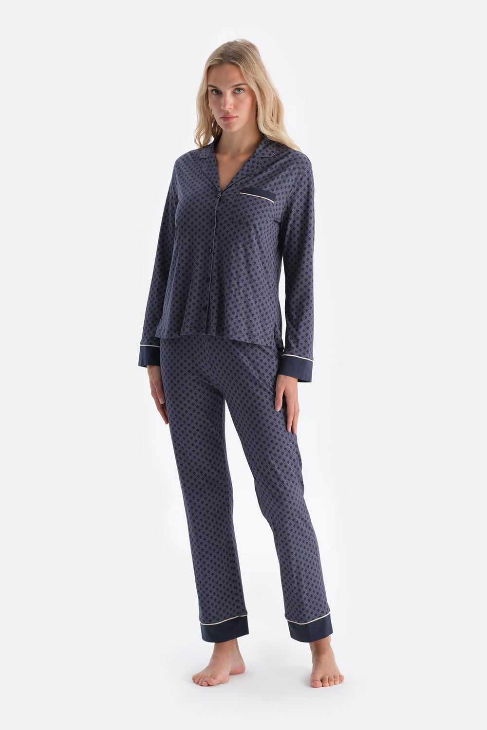 Lacivert Geometrik Desenli Penye Modal Gömlek Yaka Pijama Takımı
