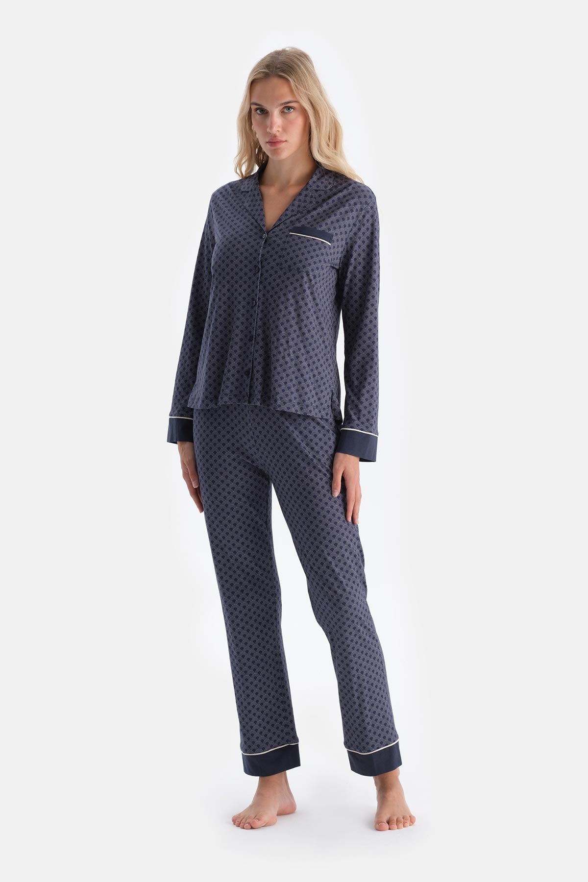 Lacivert Geometrik Desenli Penye Modal Gömlek Yaka Pijama Takımı