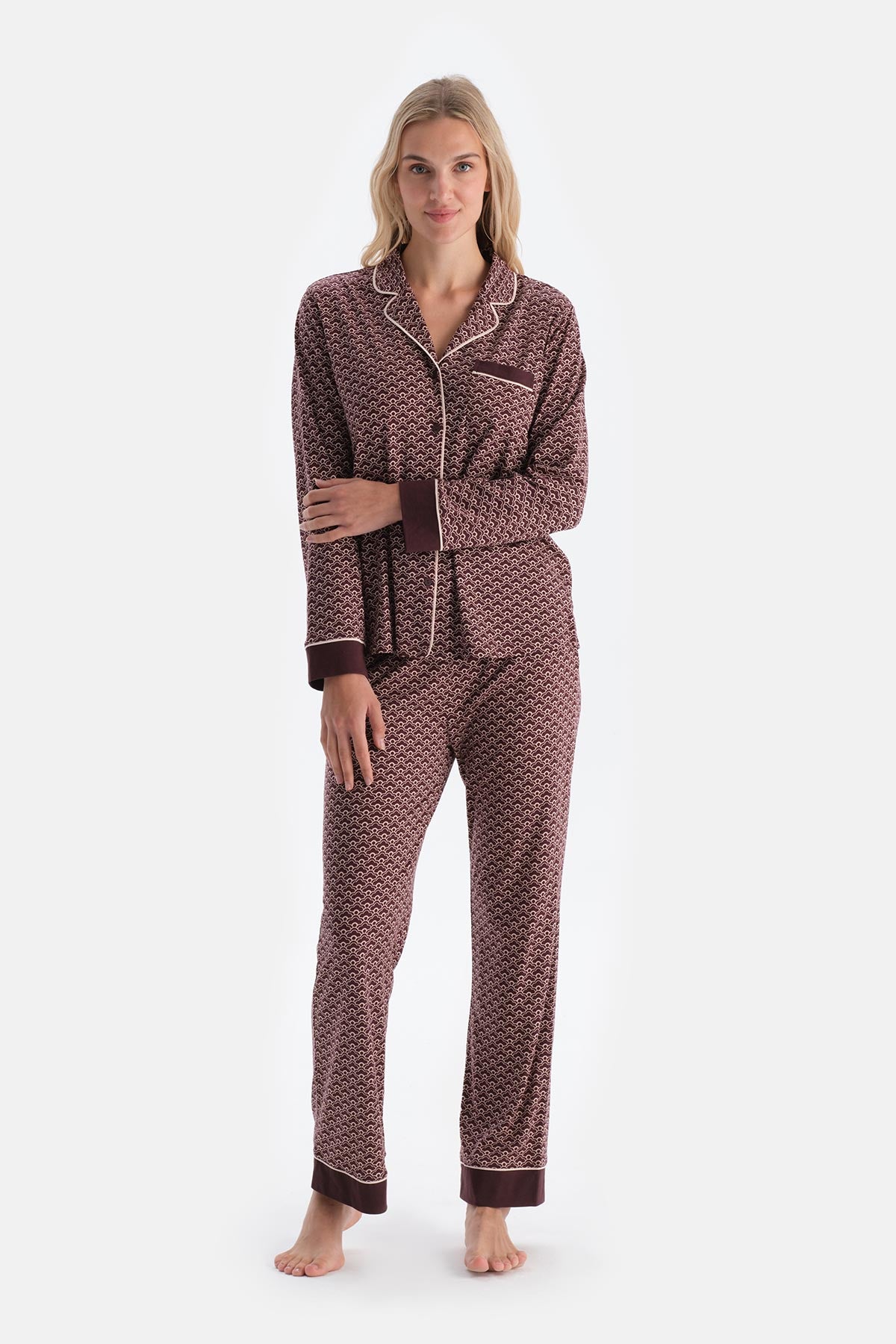 Bordeaux GEOMETRIC PATTERNED COMBED MODAL SHIRT TROUSERS PAJAMA SET