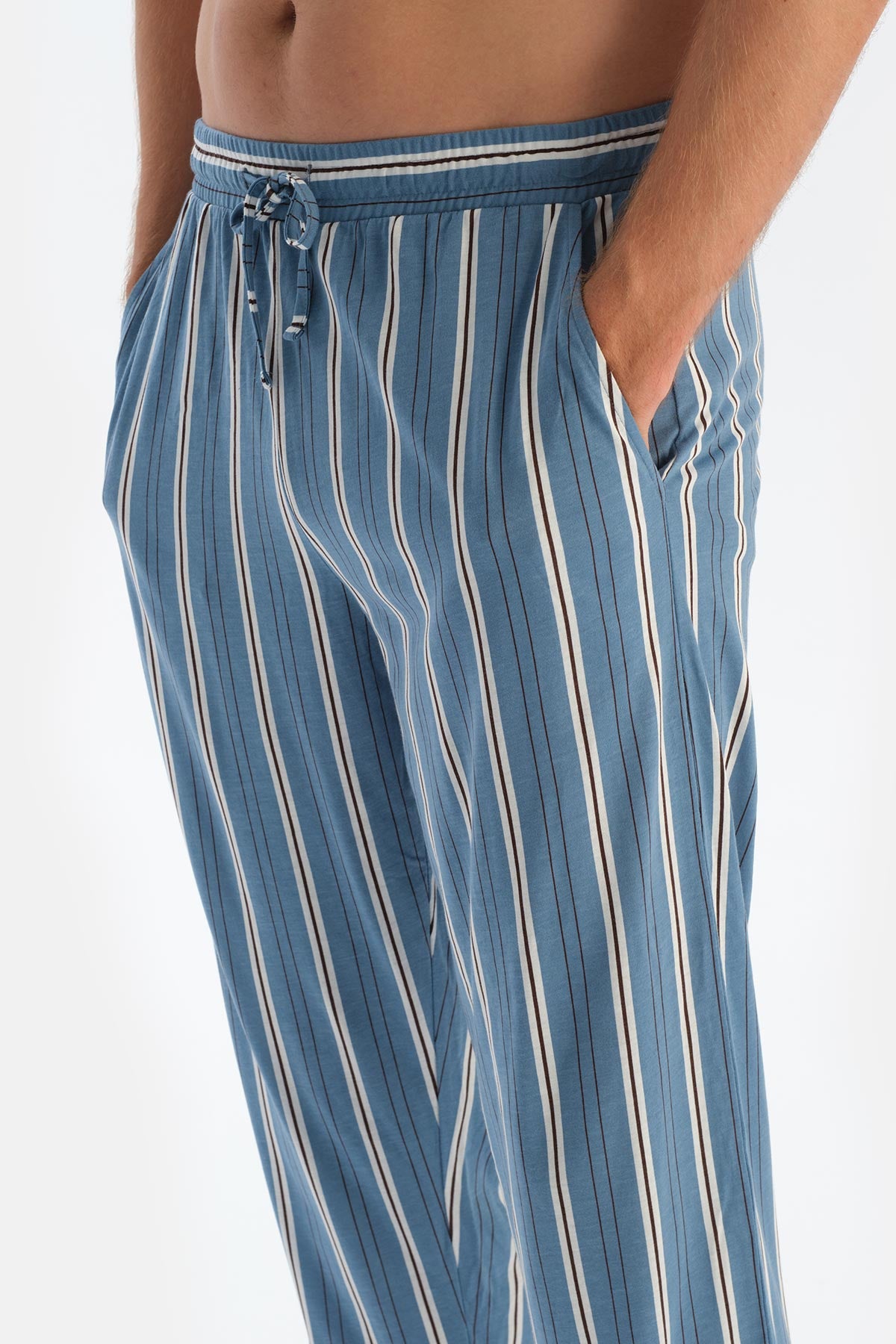 Mavi Bisiklet Yaka Uzun Kollu Tişört Pantolon Pijama Takımıı