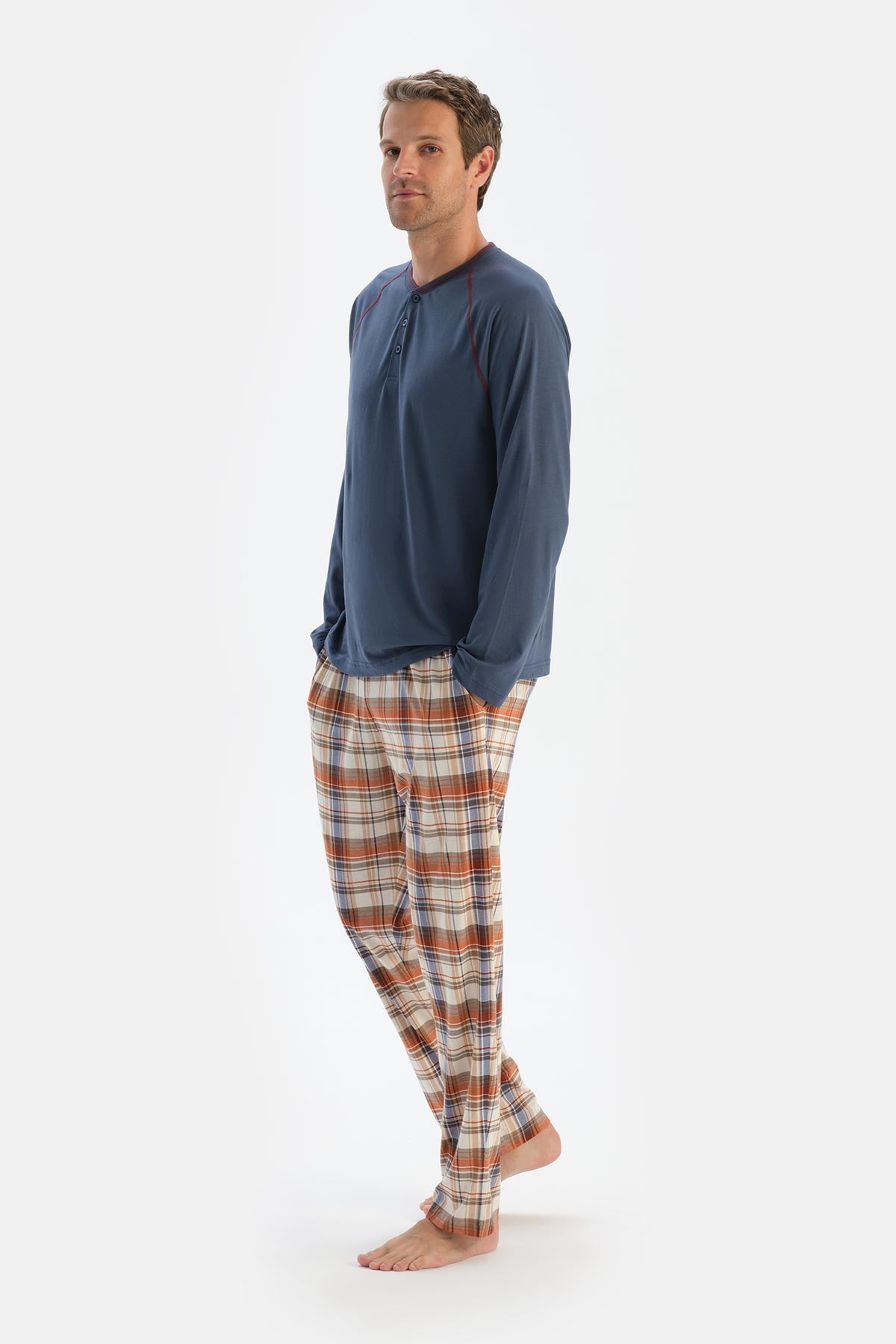 Dark Blue CREW NECK LONG SLEEVE T-SHIRT PANTS PAJAMA SET