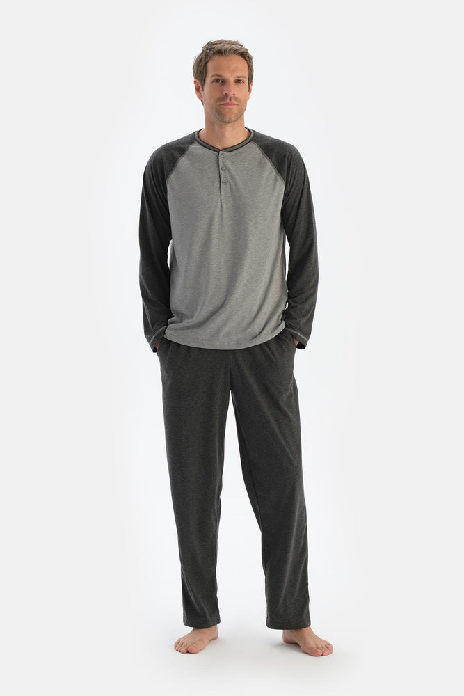 Grey Melange RAGLAN SLEEVE T-SHIRT TROUSERS PAJAMA SET