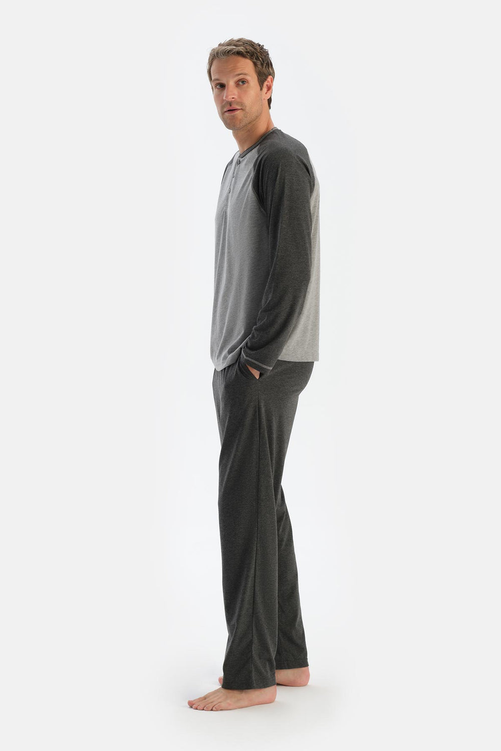 Grey Melange RAGLAN SLEEVE T-SHIRT TROUSERS PAJAMA SET