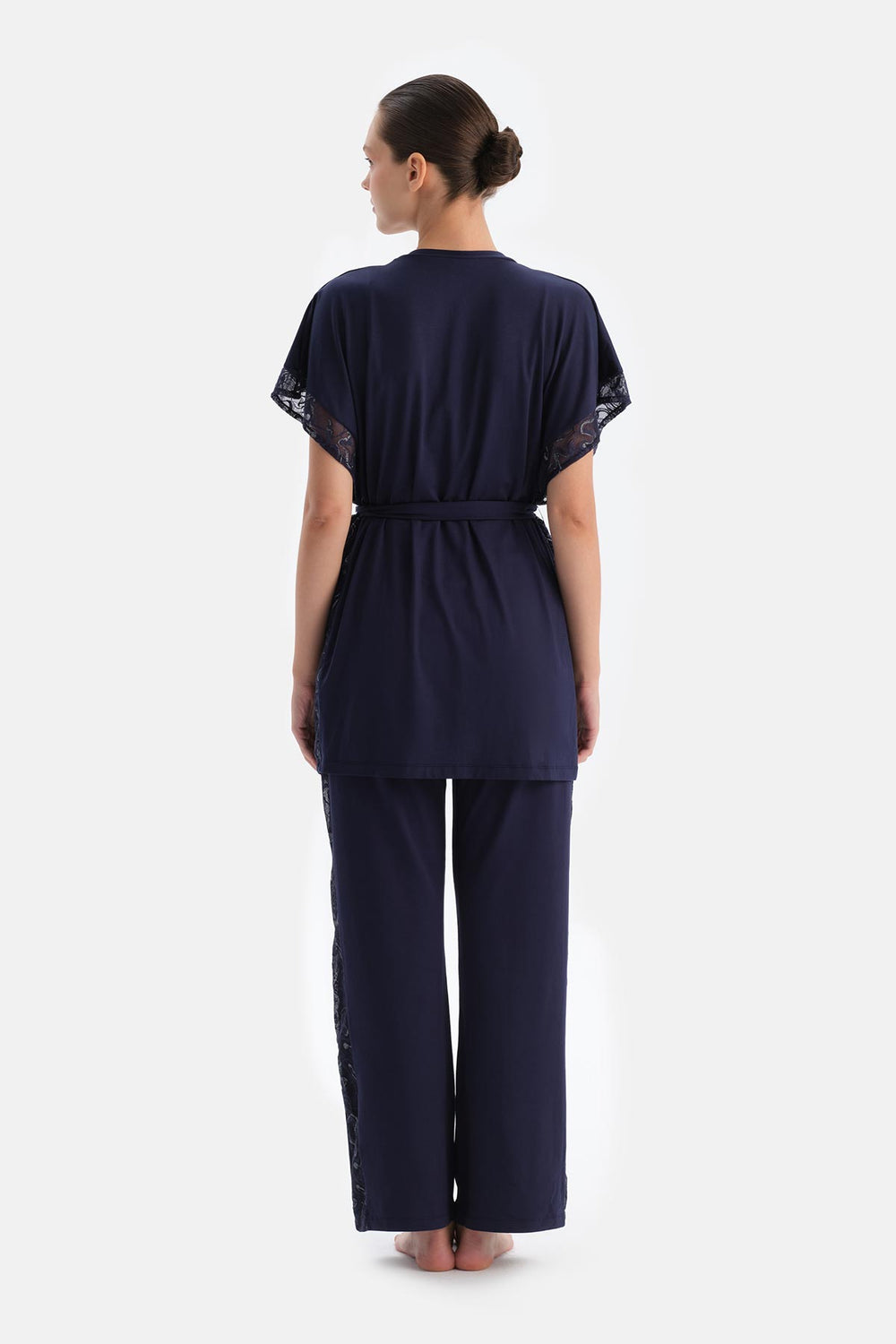 Navy Viscose Robe with Lace Cuff Detail