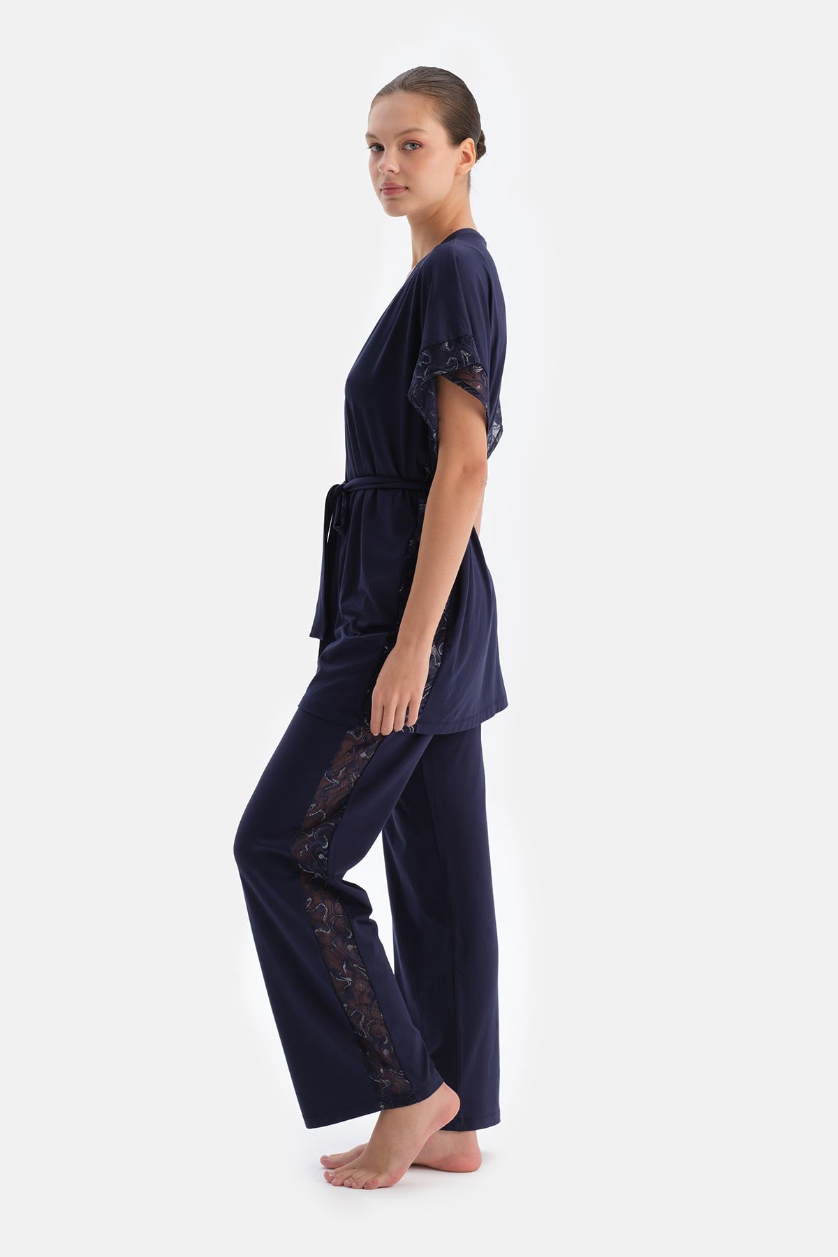 Navy Viscose Robe with Lace Cuff Detail