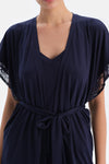 Navy Viscose Robe with Lace Cuff Detail