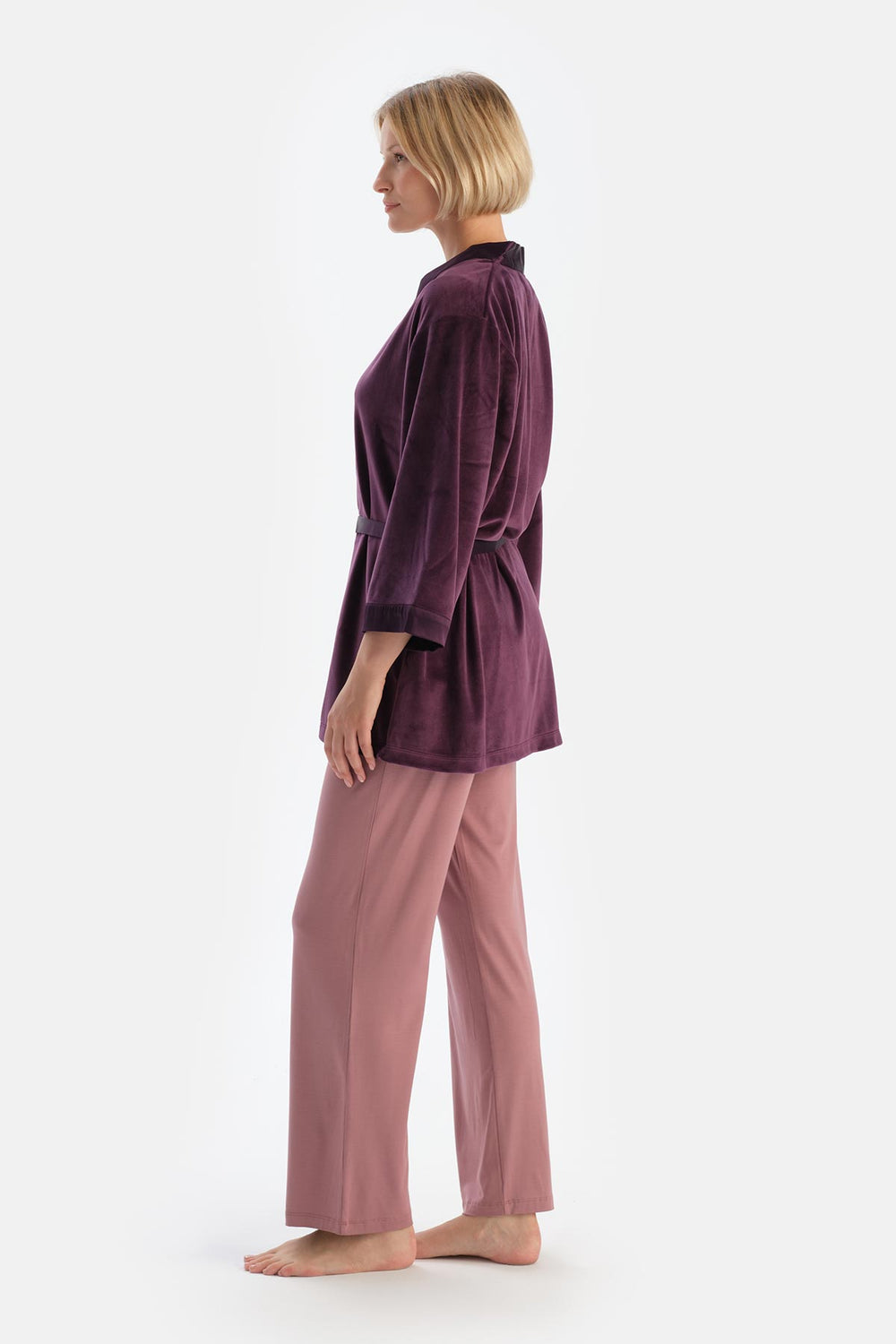 Damson VELVET DRESSING GOWN WITH SATIN GARNISH