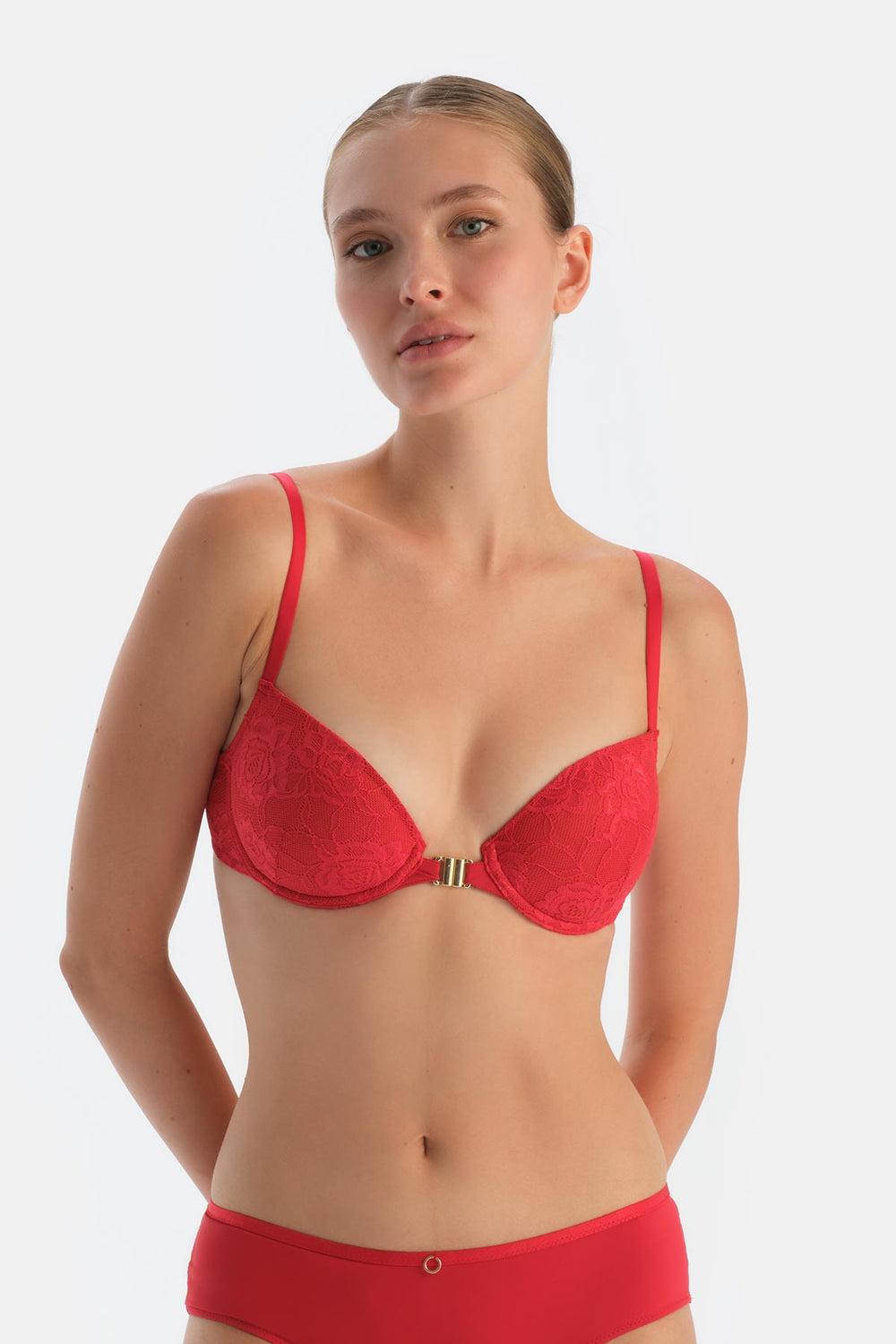 Red Front-Open Half Padded Lace Bra with Back Accessory Detail