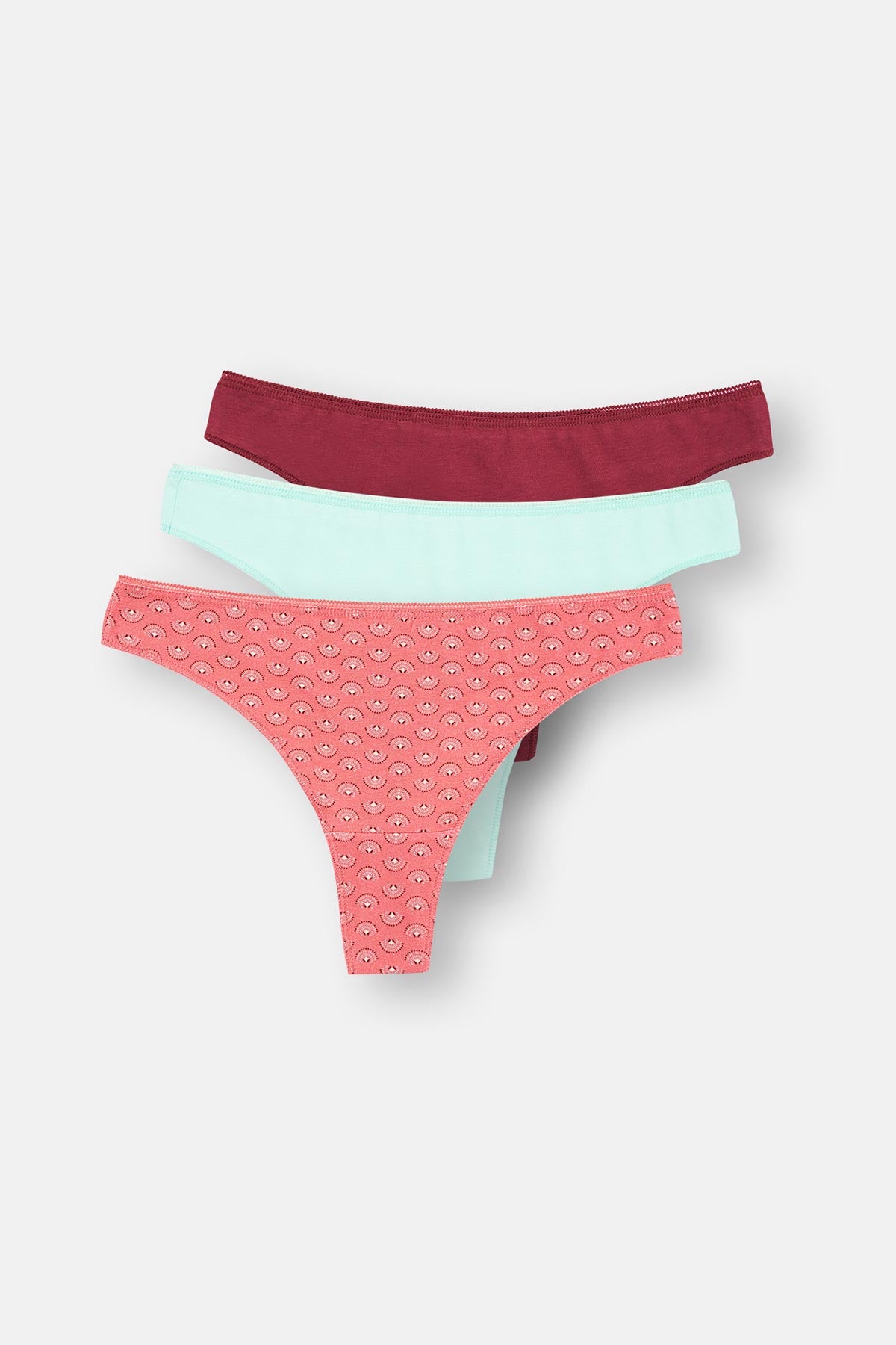 Maroon-Pink-Turquoise 3-PACK PATTERNED THONG PANTIES