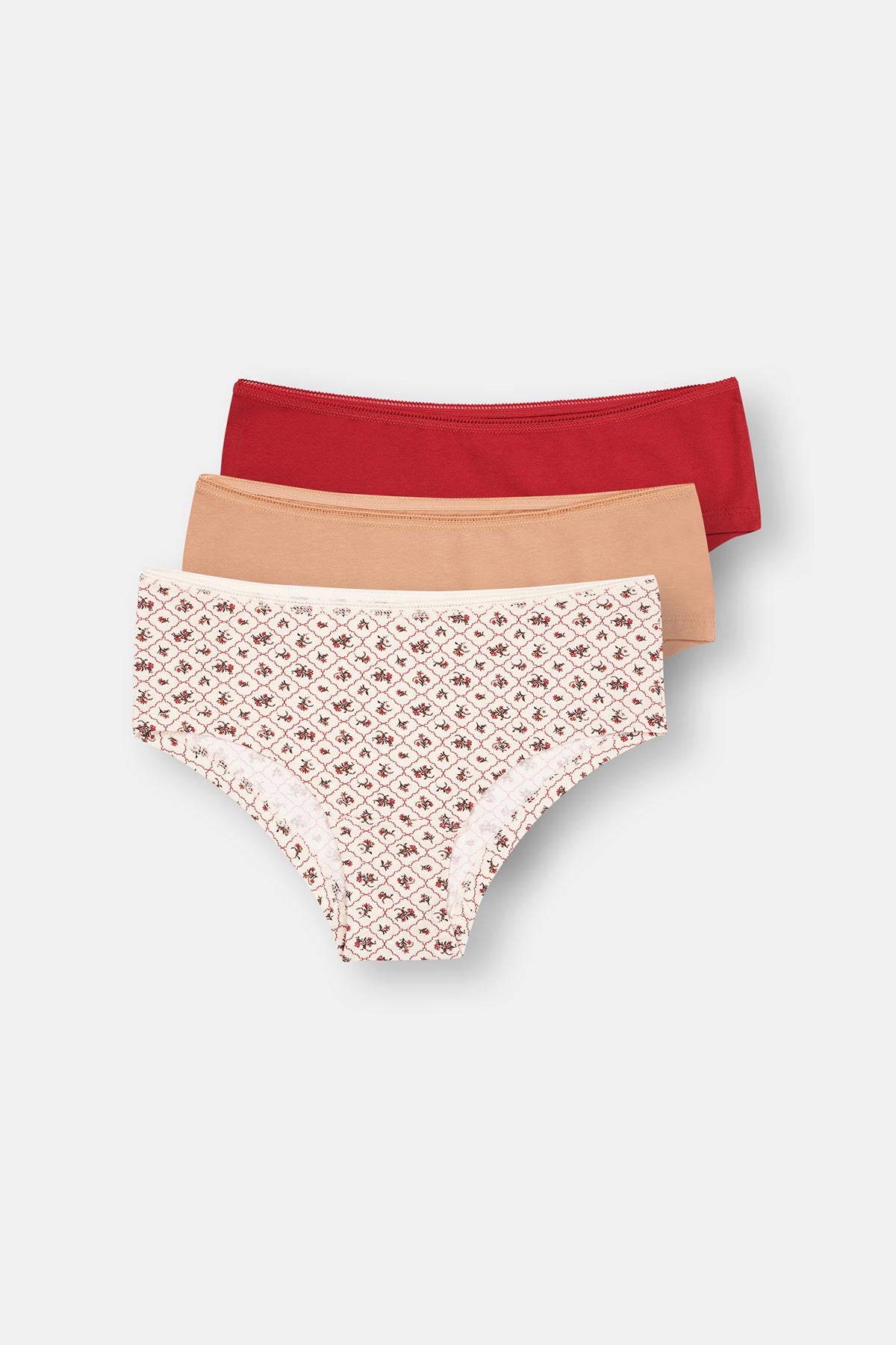 Ecru-Red-Milky Coffee 3-PACK PATTERNED HIPSTER PANTIES