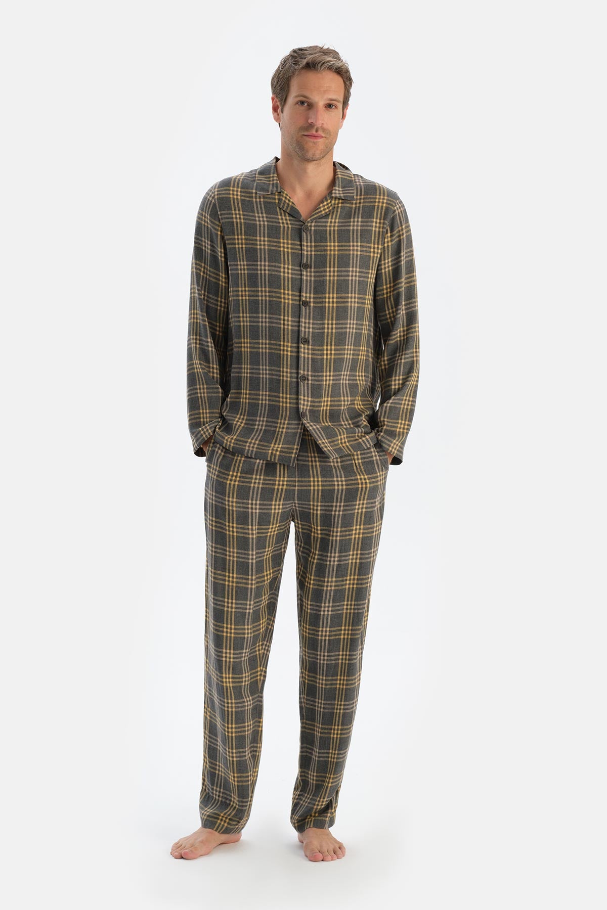 Füme Ekoseli Dokuma Viskon Pantolon Pijama Altı