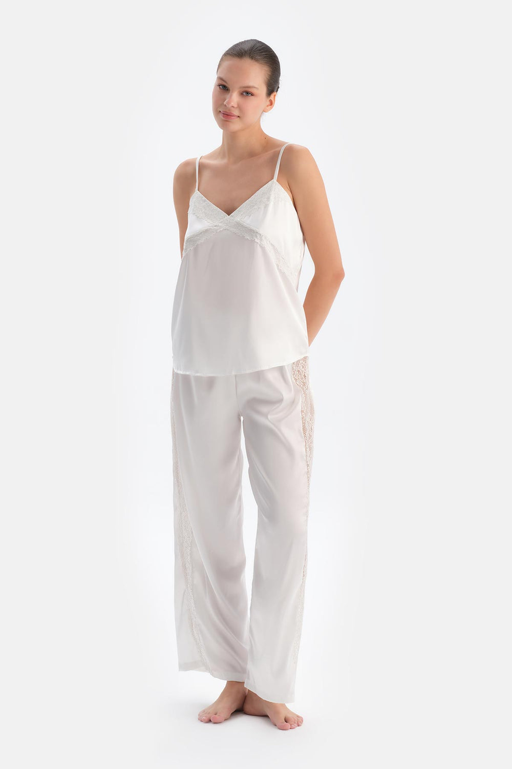 White LACE DETAILED SATIN BRIDE TROUSERS