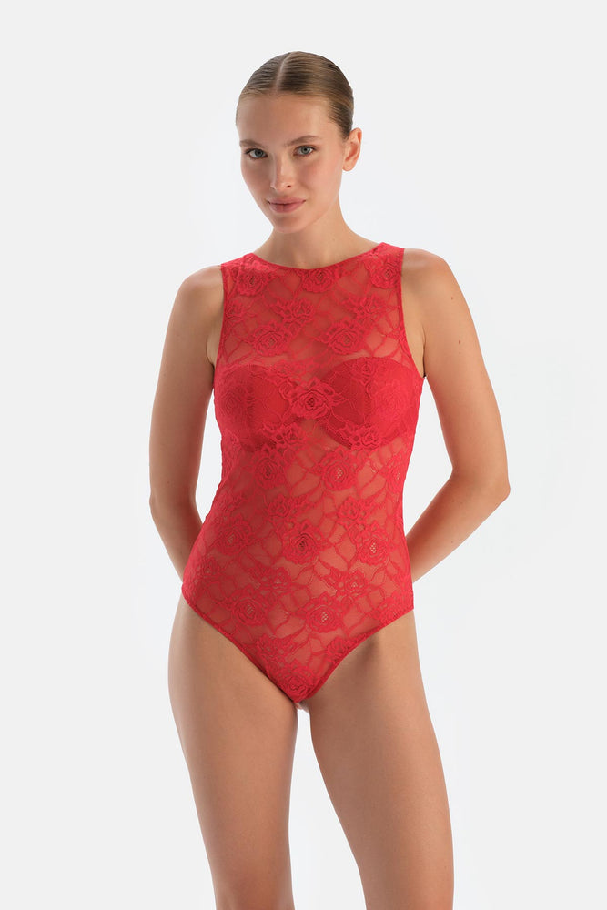 Red Bodysuit with Back Accessory Detail