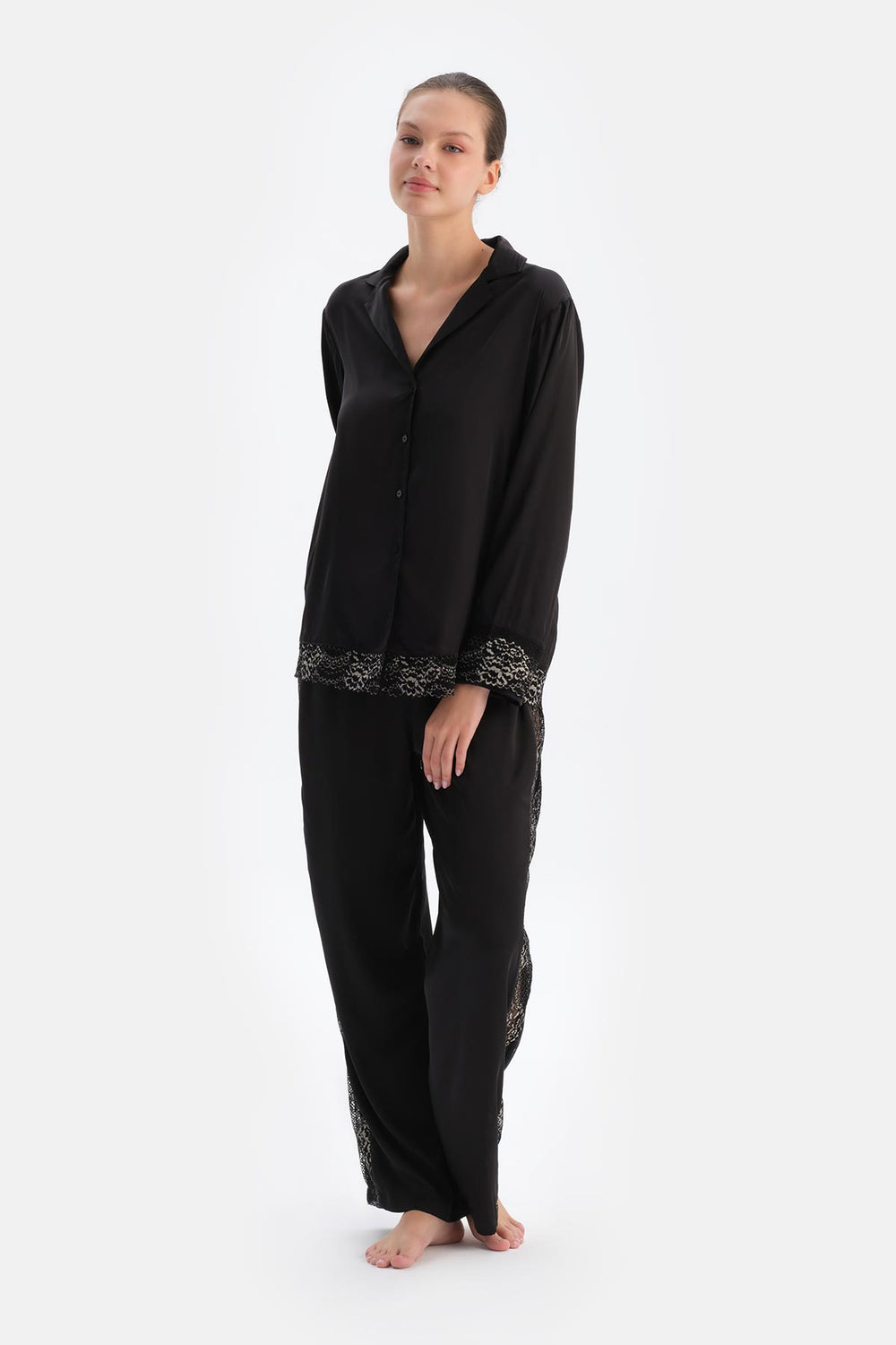 Black SATIN BRIDE SHIRT WITH LACE DETAIL