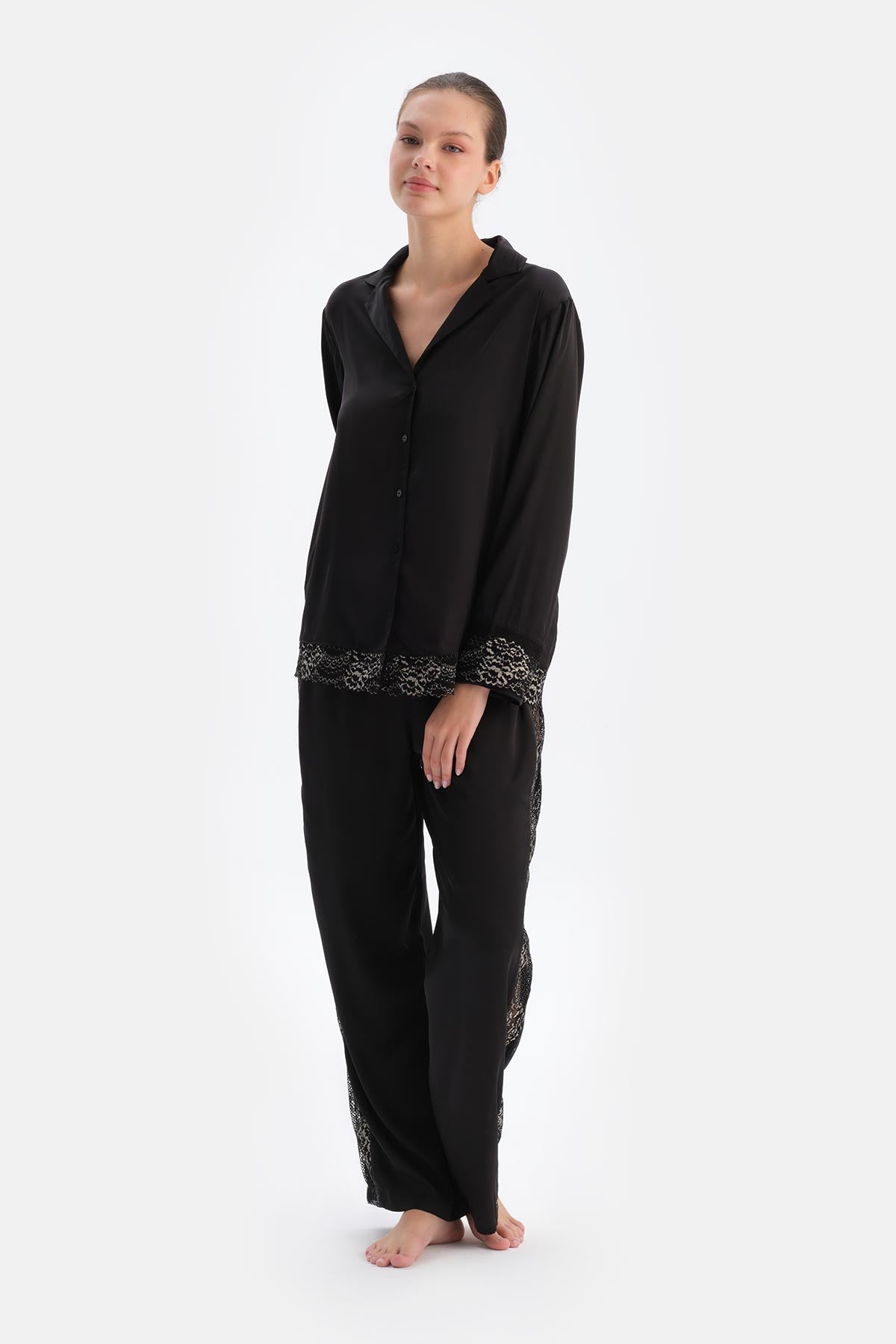 Black SATIN BRIDE SHIRT WITH LACE DETAIL
