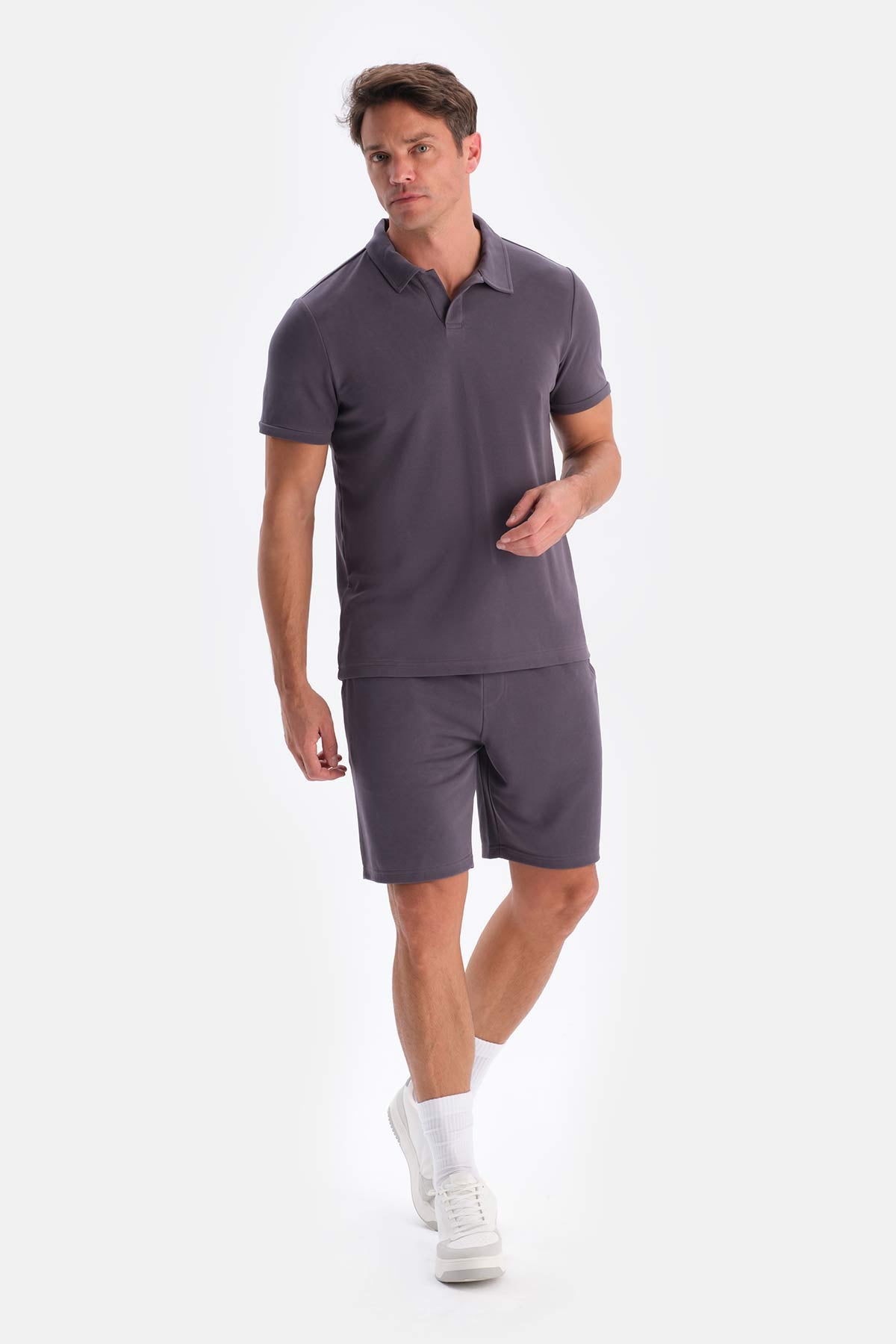 Smoke POLO NECK SHORT SLEEVE MODAL PIQUE T-SHIRT
