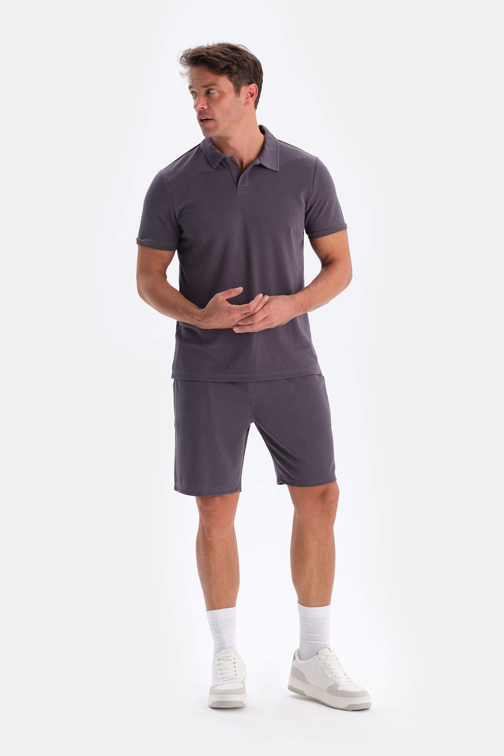 Smoke POLO NECK SHORT SLEEVE MODAL PIQUE T-SHIRT