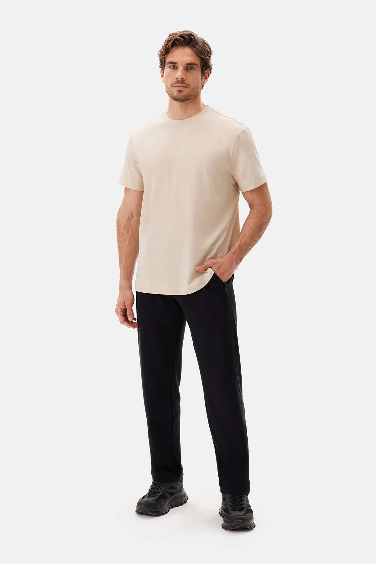 Bej Bisiklet Yaka Kısa Kollu Supima Tişört