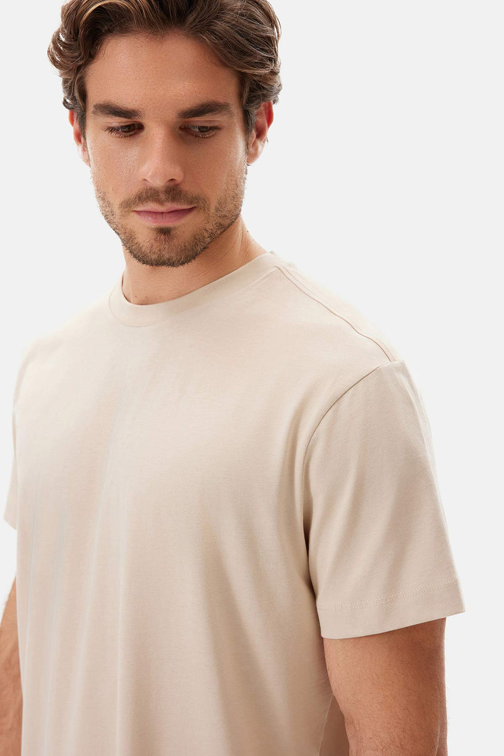 Bej Bisiklet Yaka Kısa Kollu Supima Tişört