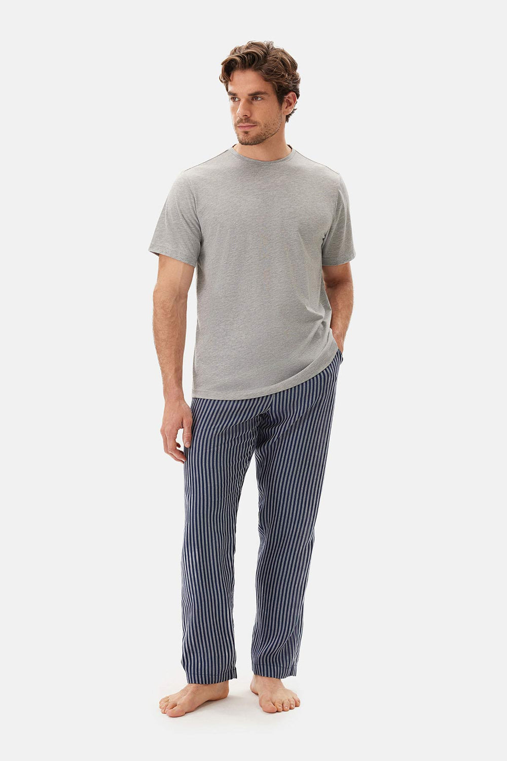 Navy WOVEN STRIPED TROUSERS