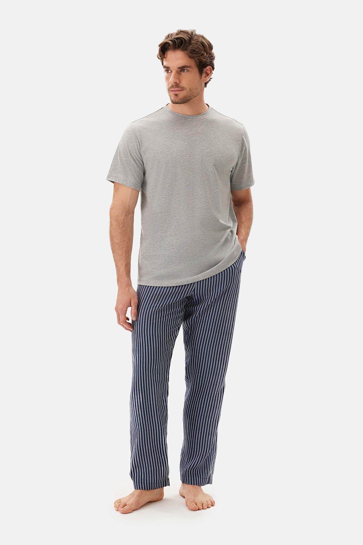 Navy WOVEN STRIPED TROUSERS