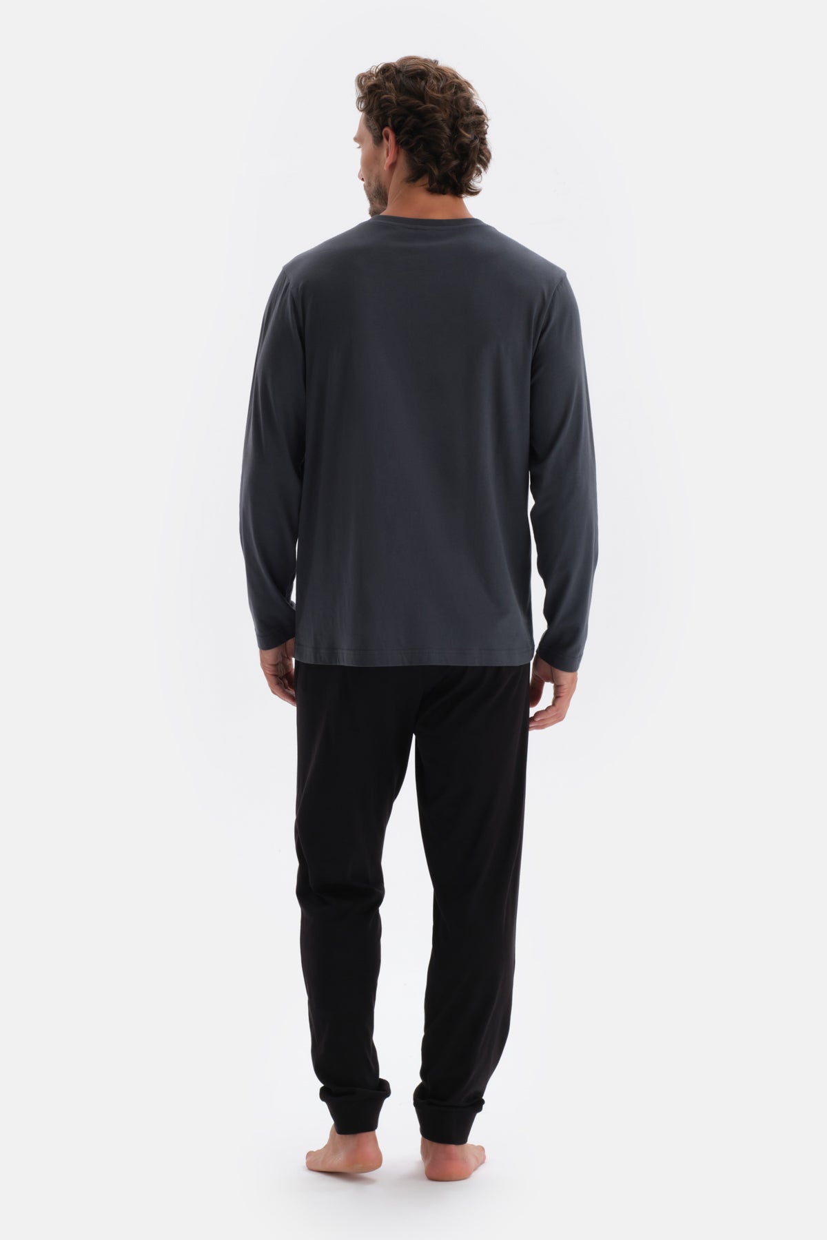 Anthracite HALF-PLOT LONG SLEEVE COTTON MODAL PAJAMAS SUIT