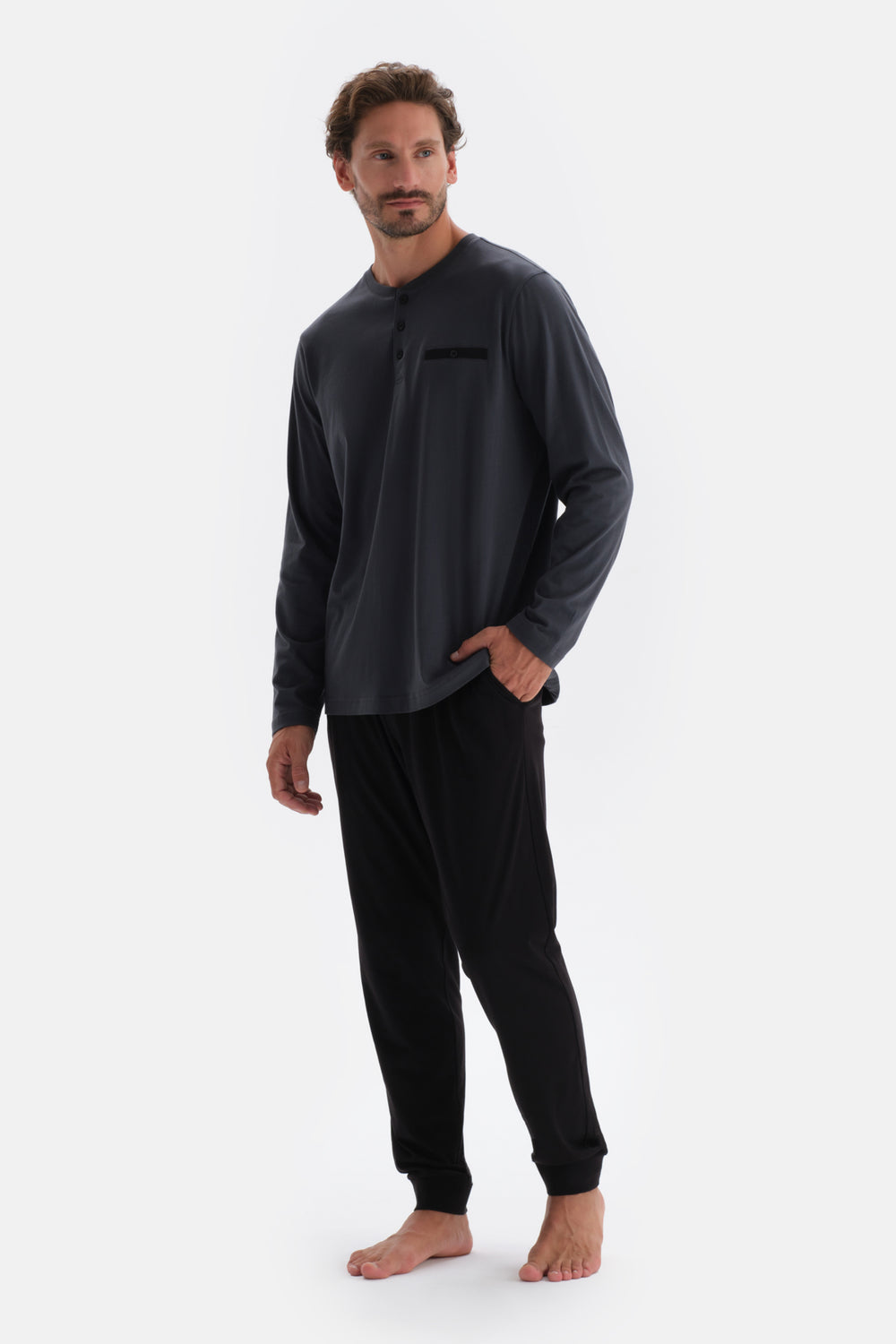 Anthracite HALF-PLOT LONG SLEEVE COTTON MODAL PAJAMAS SUIT