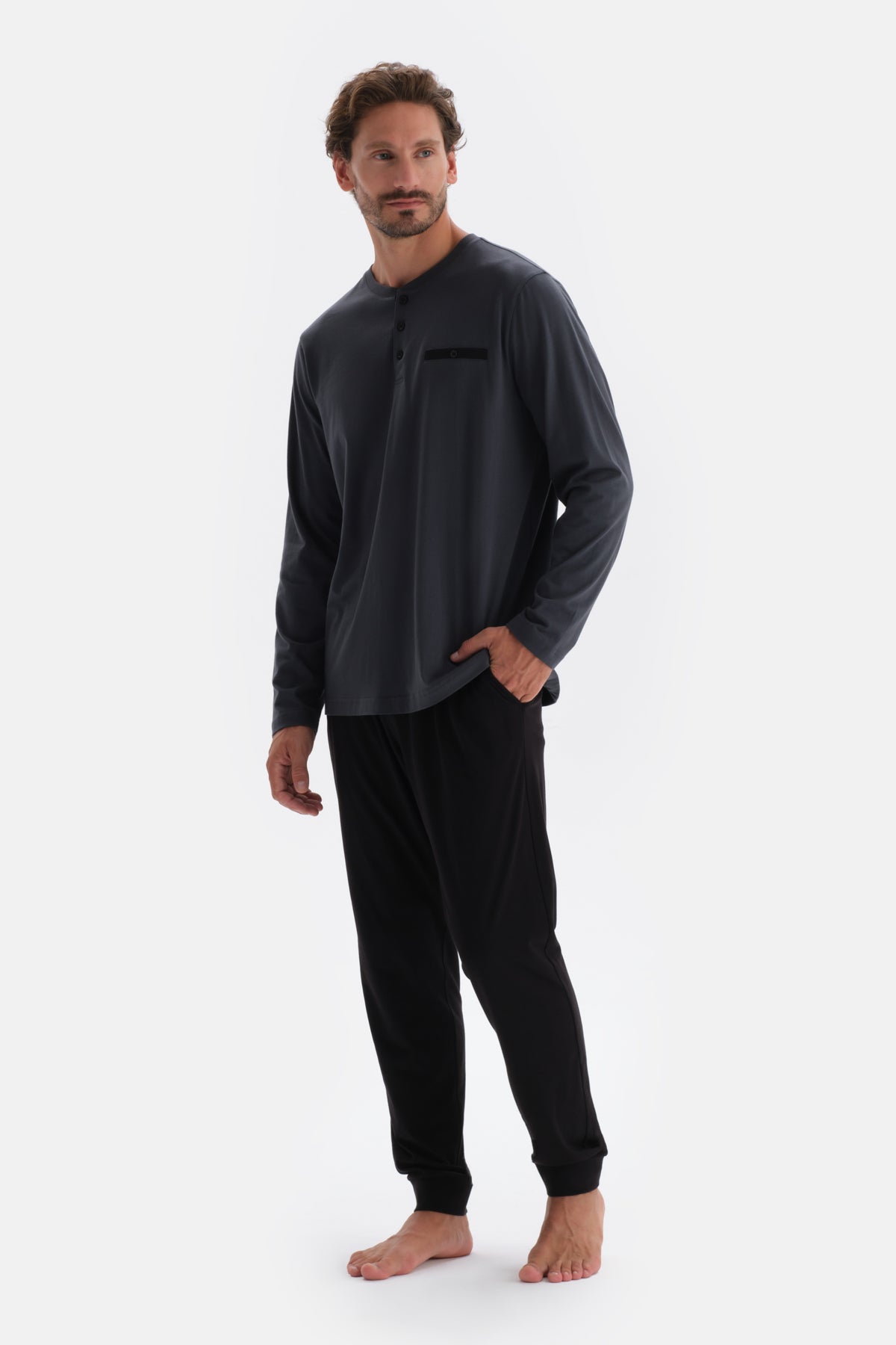 Anthracite HALF-PLOT LONG SLEEVE COTTON MODAL PAJAMAS SUIT