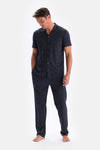 Navy PRINTED COTTON MODAL SHIRT TROUSERS PAJAMA SET