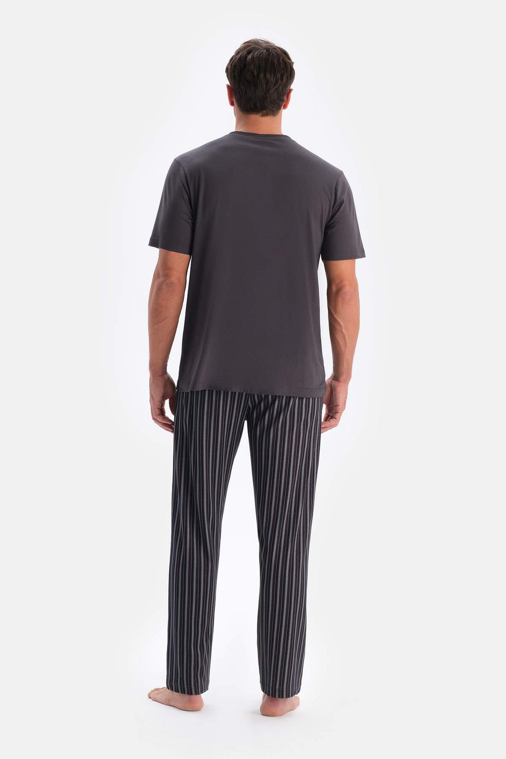 Füme Kısa Kollu Bisiklet Yaka Altı Çizgi Metraj Baskılı Pijama Takımı