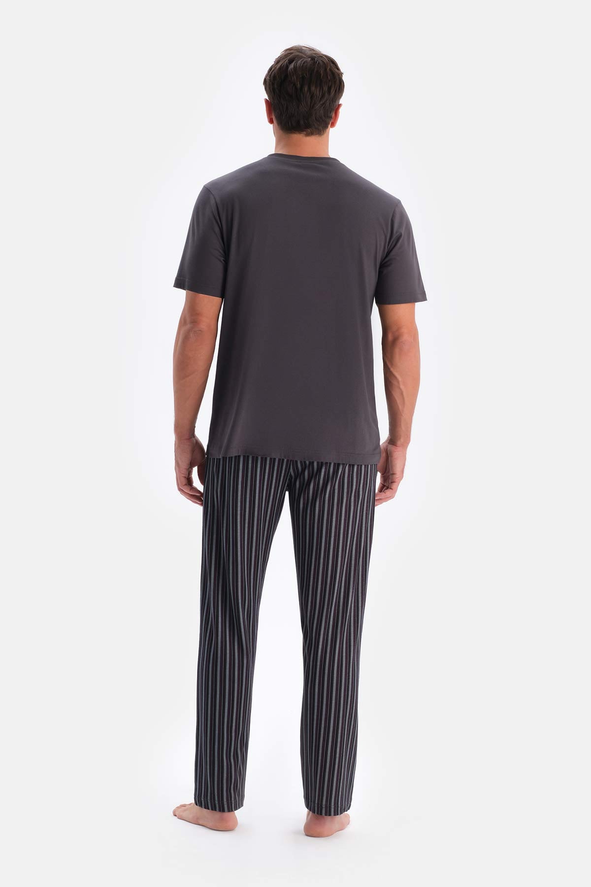 Füme Kısa Kollu Bisiklet Yaka Altı Çizgi Metraj Baskılı Pijama Takımı