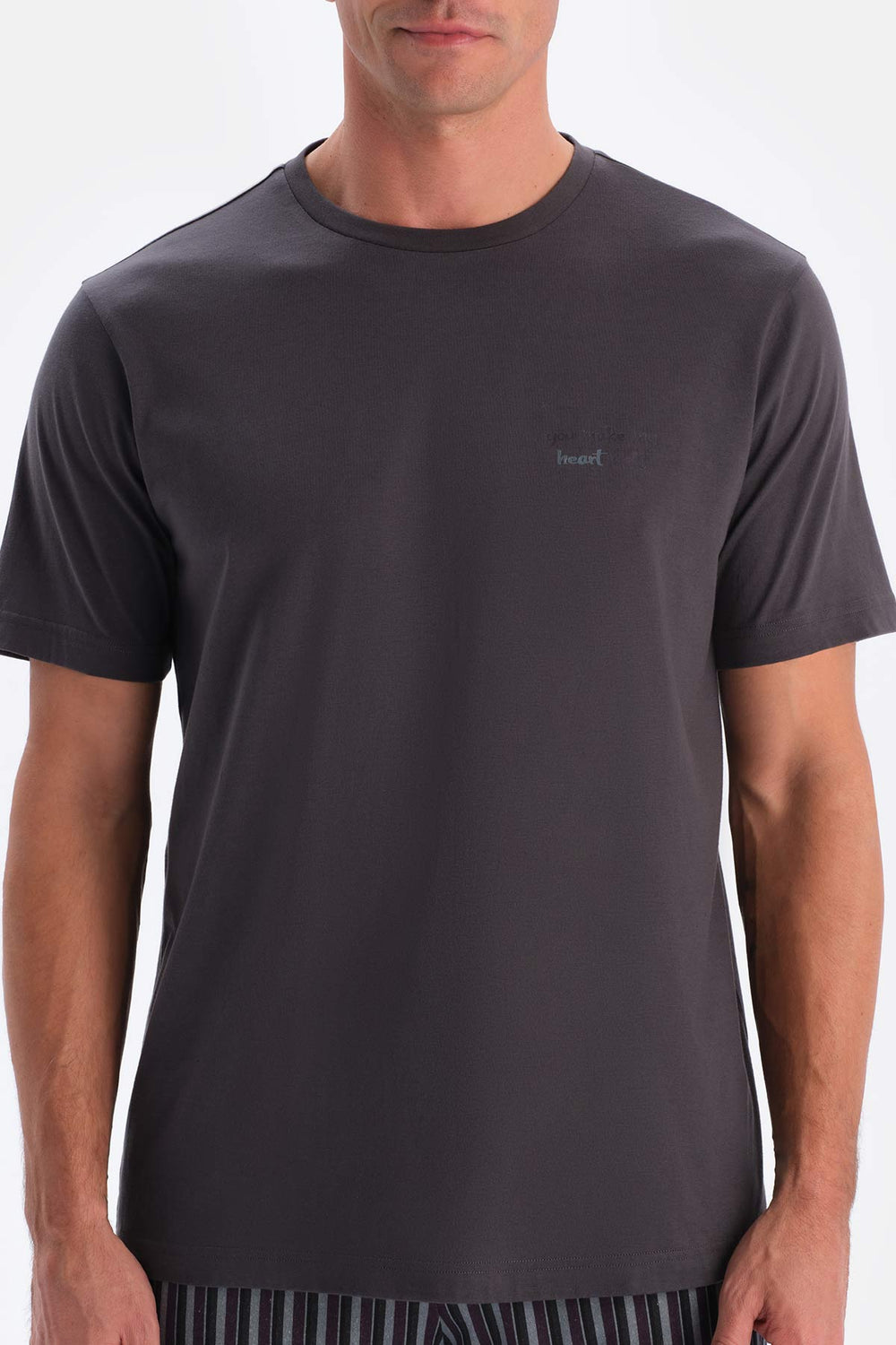 Füme Kısa Kollu Bisiklet Yaka Altı Çizgi Metraj Baskılı Pijama Takımı